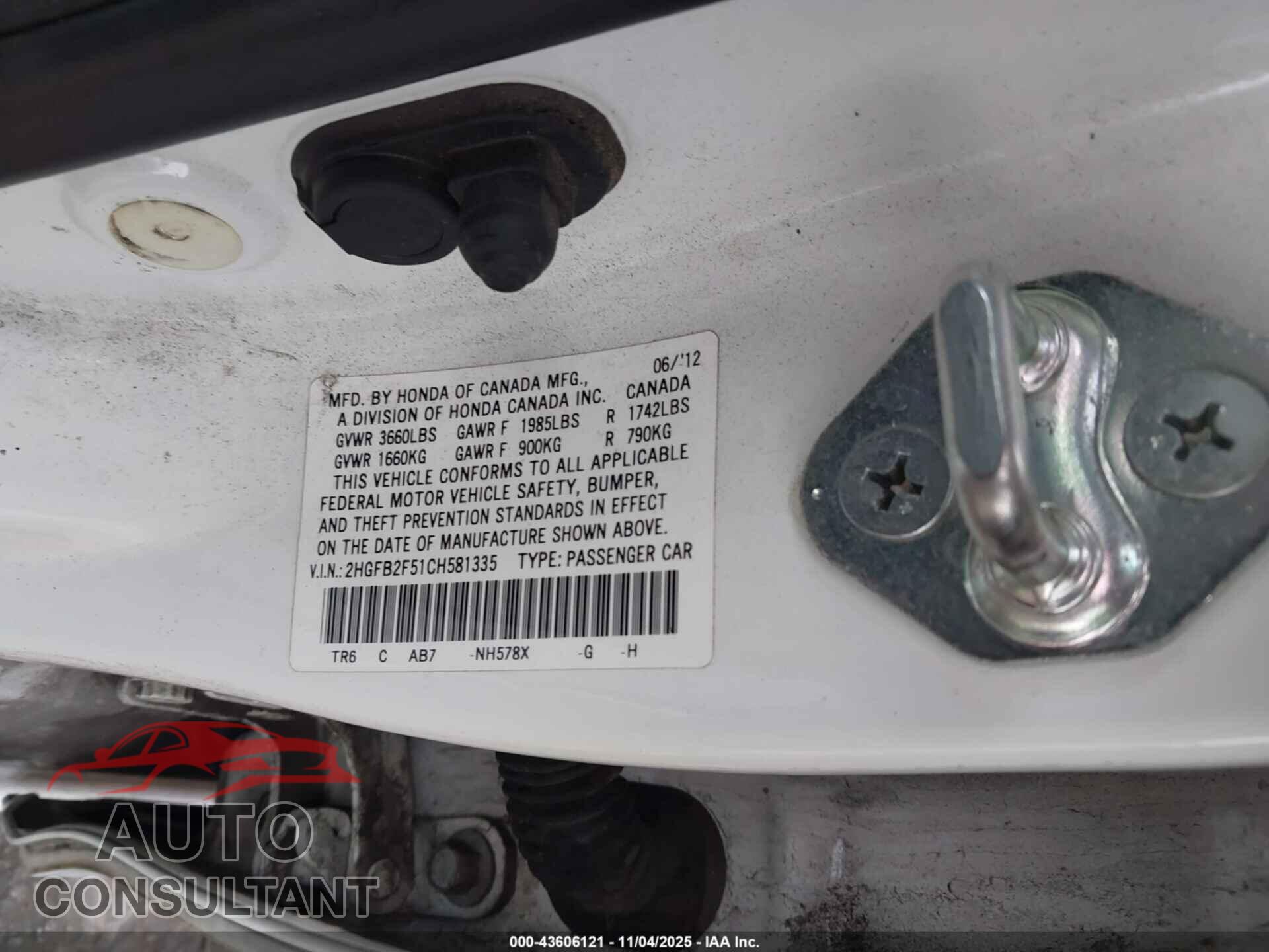 HONDA CIVIC 2012 - 2HGFB2F51CH581335