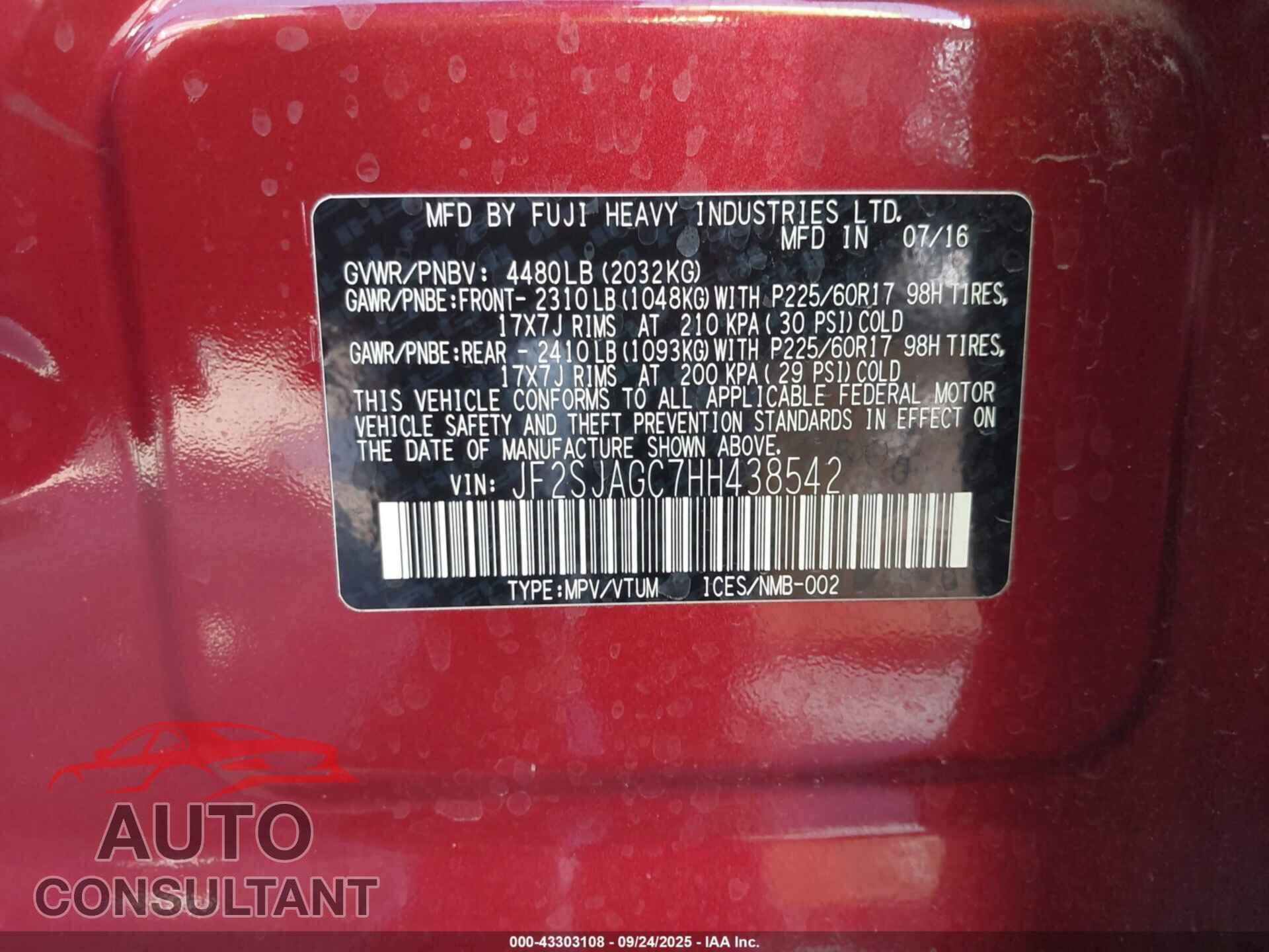 SUBARU FORESTER 2017 - JF2SJAGC7HH438542