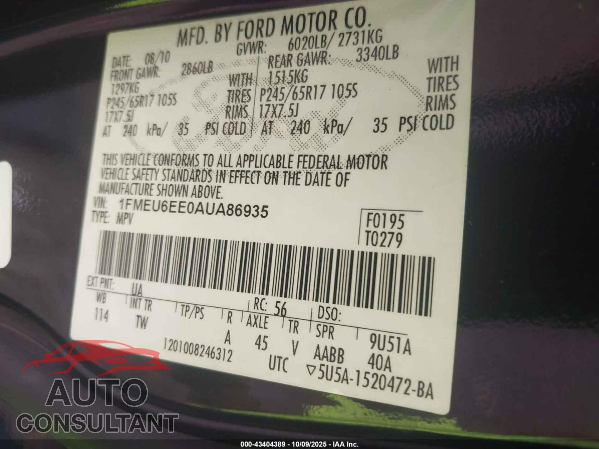 FORD EXPLORER 2010 - 1FMEU6EE0AUA86935
