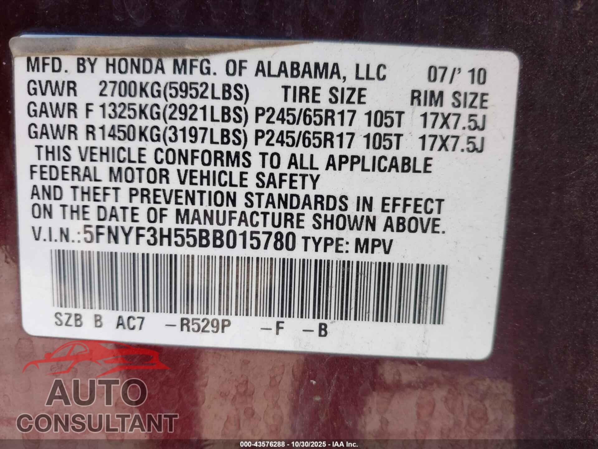 HONDA PILOT 2011 - 5FNYF3H55BB015780
