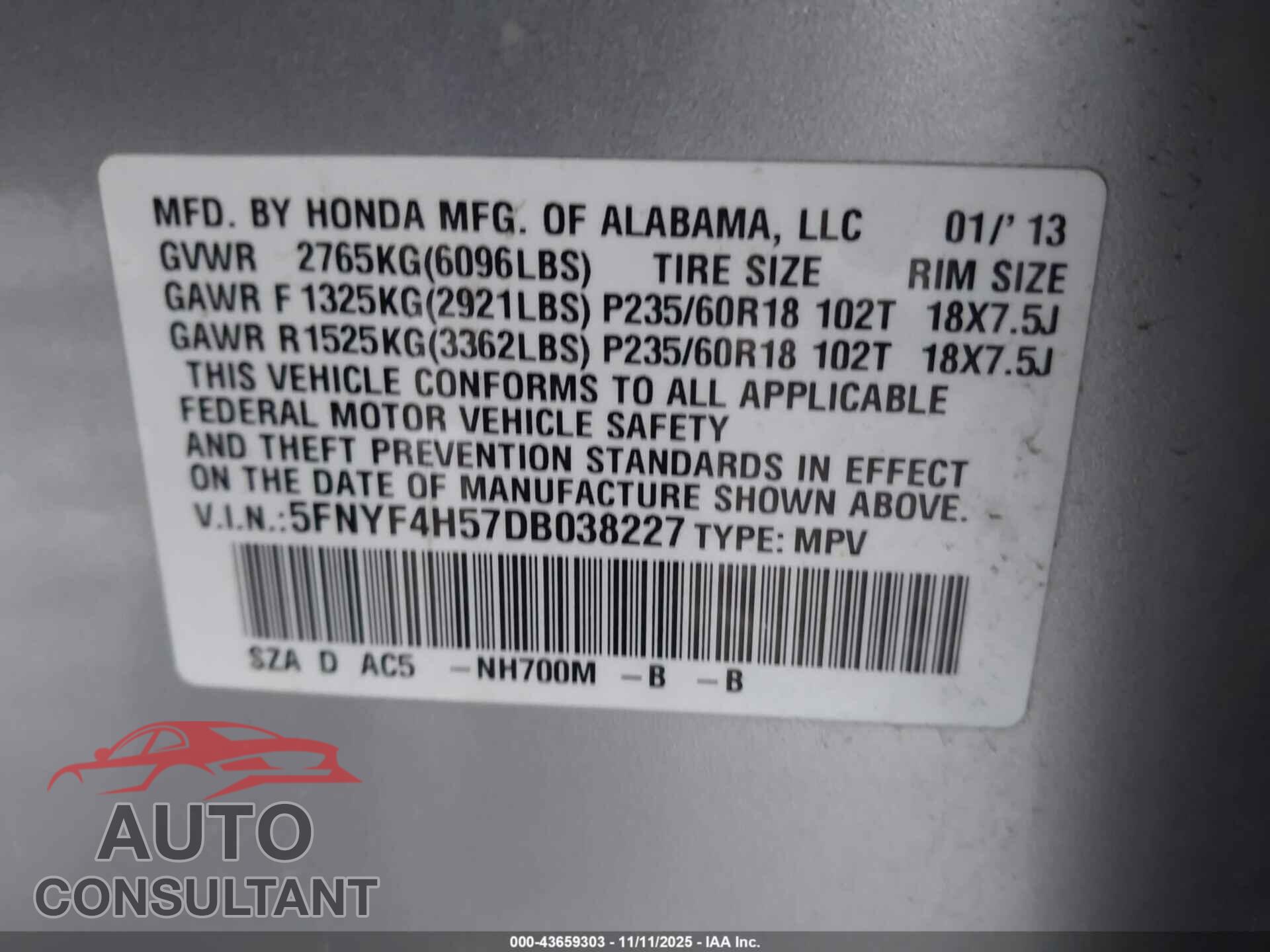 HONDA PILOT 2013 - 5FNYF4H57DB038227