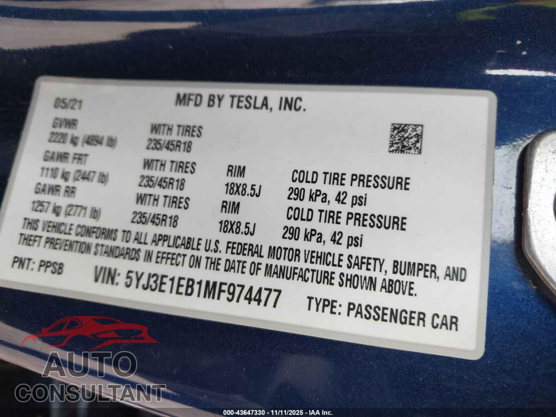 TESLA MODEL 3 2021 - 5YJ3E1EB1MF974477