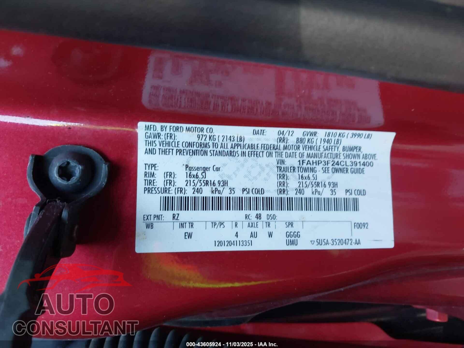 FORD FOCUS 2012 - 1FAHP3F24CL391400