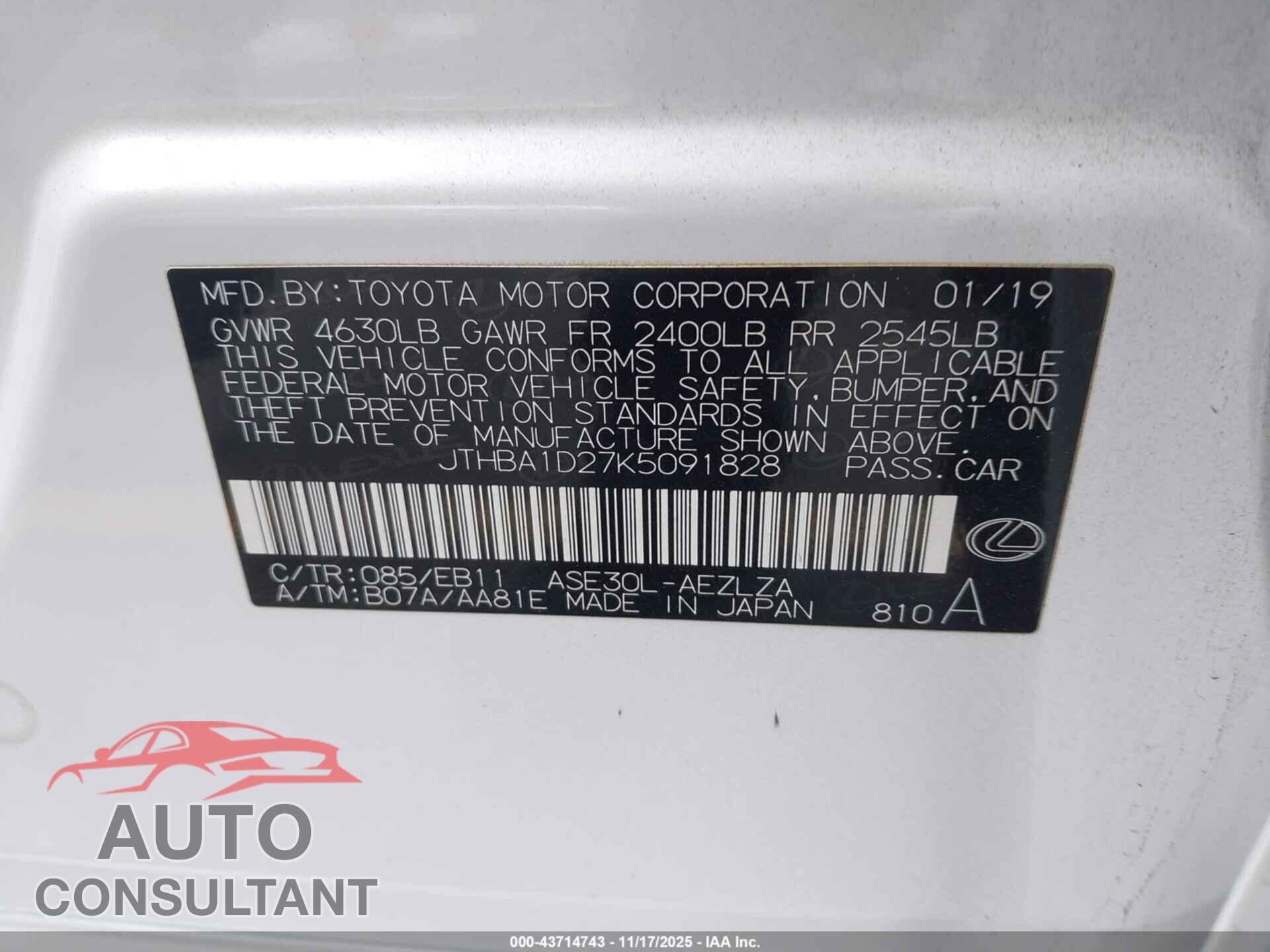 LEXUS IS 300 2019 - JTHBA1D27K5091828