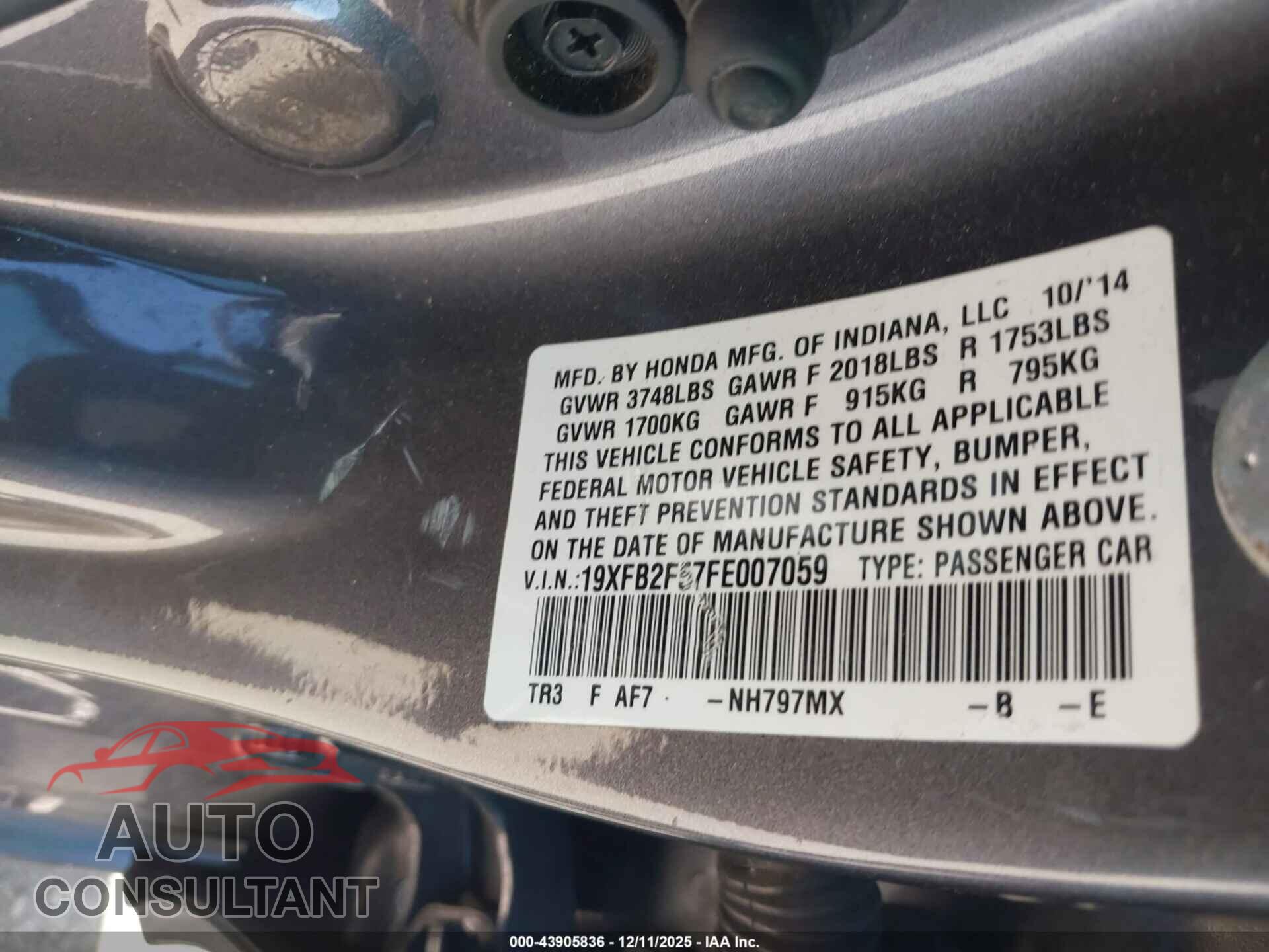 HONDA CIVIC 2015 - 19XFB2F57FE007059
