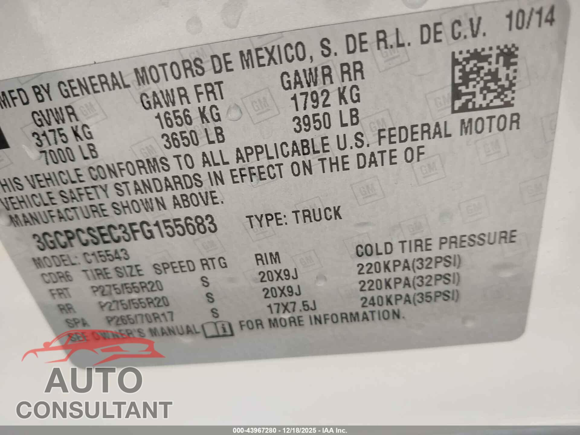 CHEVROLET SILVERADO 1500 2015 - 3GCPCSEC3FG155683