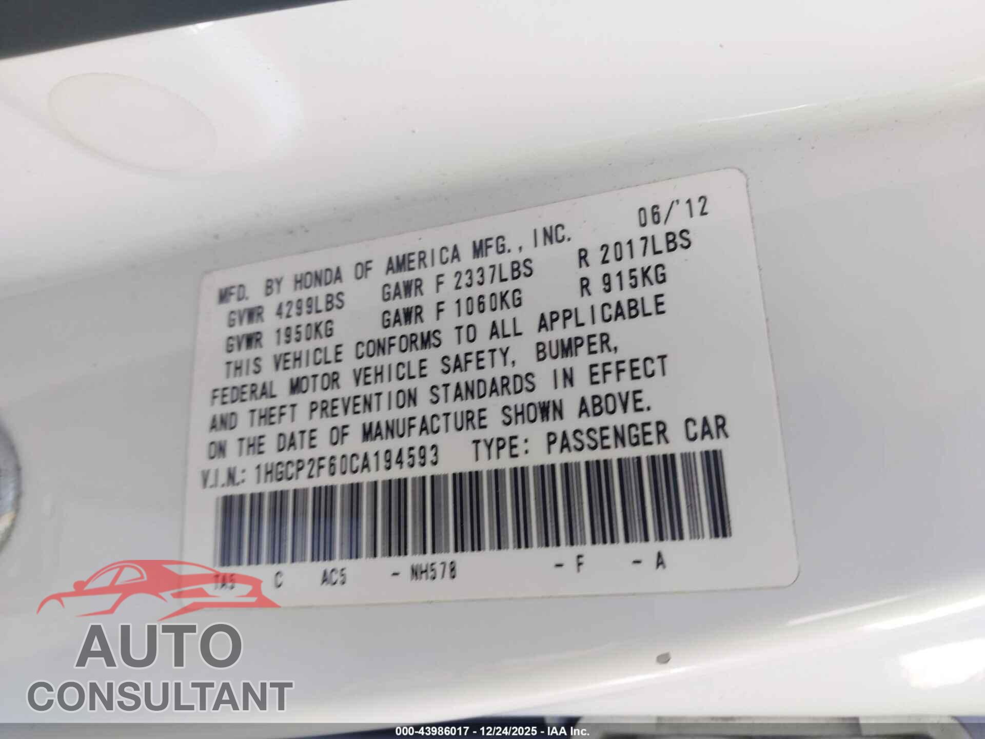 HONDA ACCORD 2012 - 1HGCP2F60CA194593