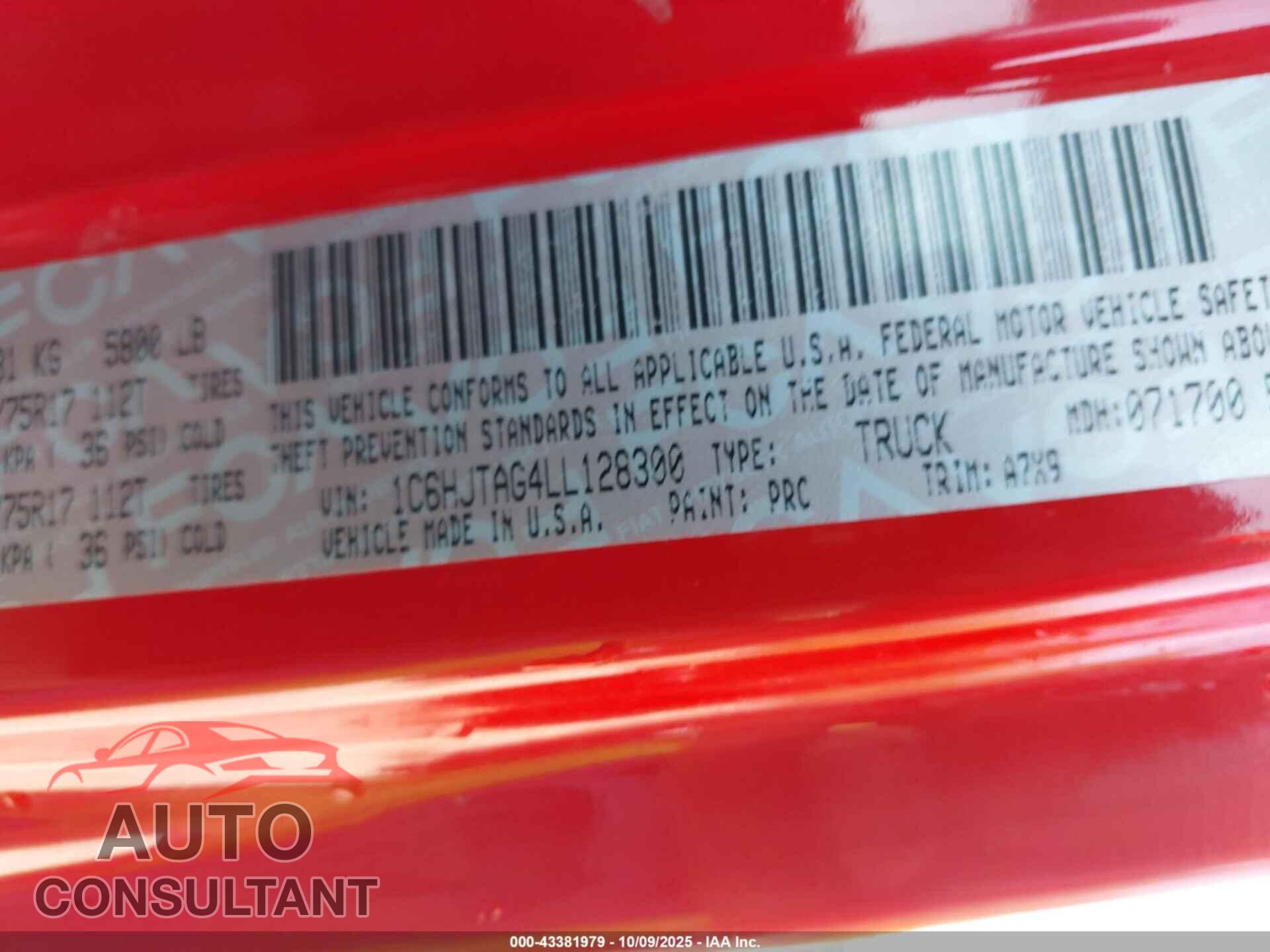 JEEP GLADIATOR 2020 - 1C6HJTAG4LL128300