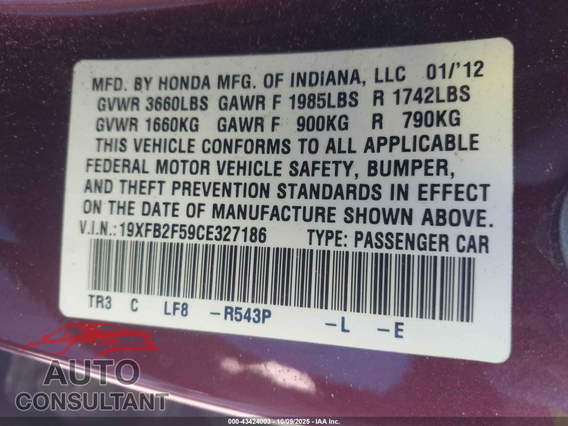 HONDA CIVIC 2012 - 19XFB2F59CE327186