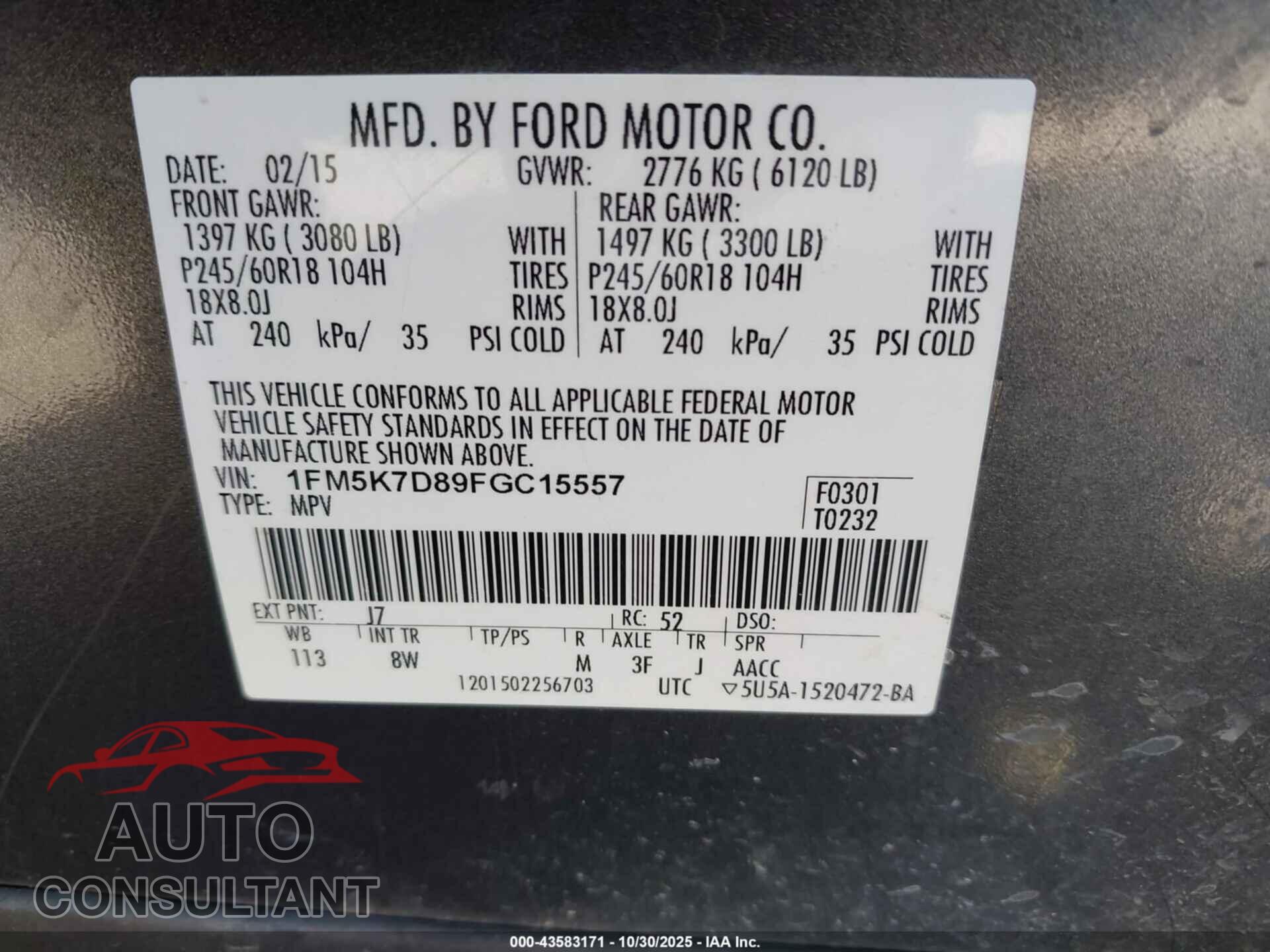 FORD EXPLORER 2015 - 1FM5K7D89FGC15557