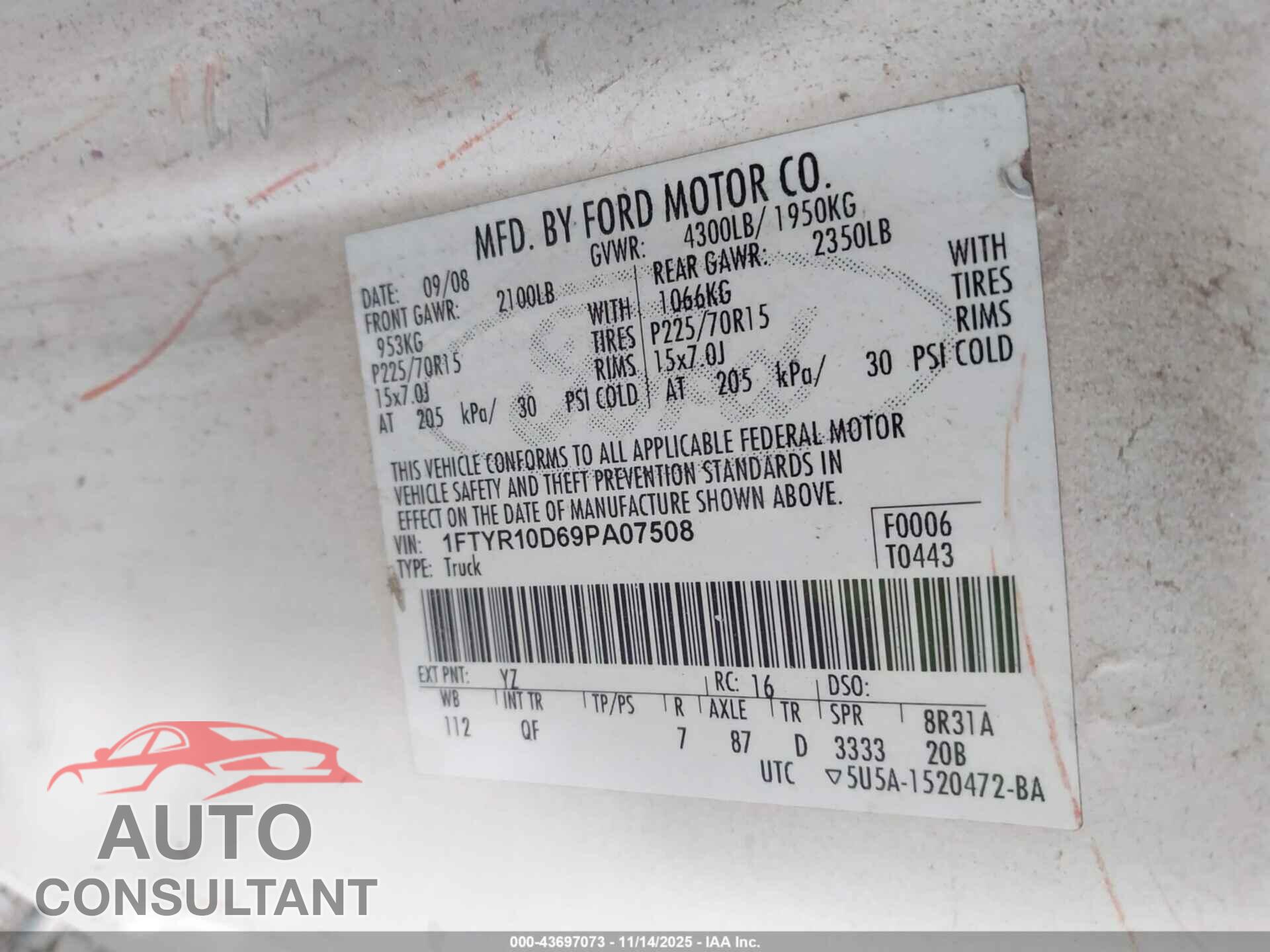 FORD RANGER 2009 - 1FTYR10D69PA07508
