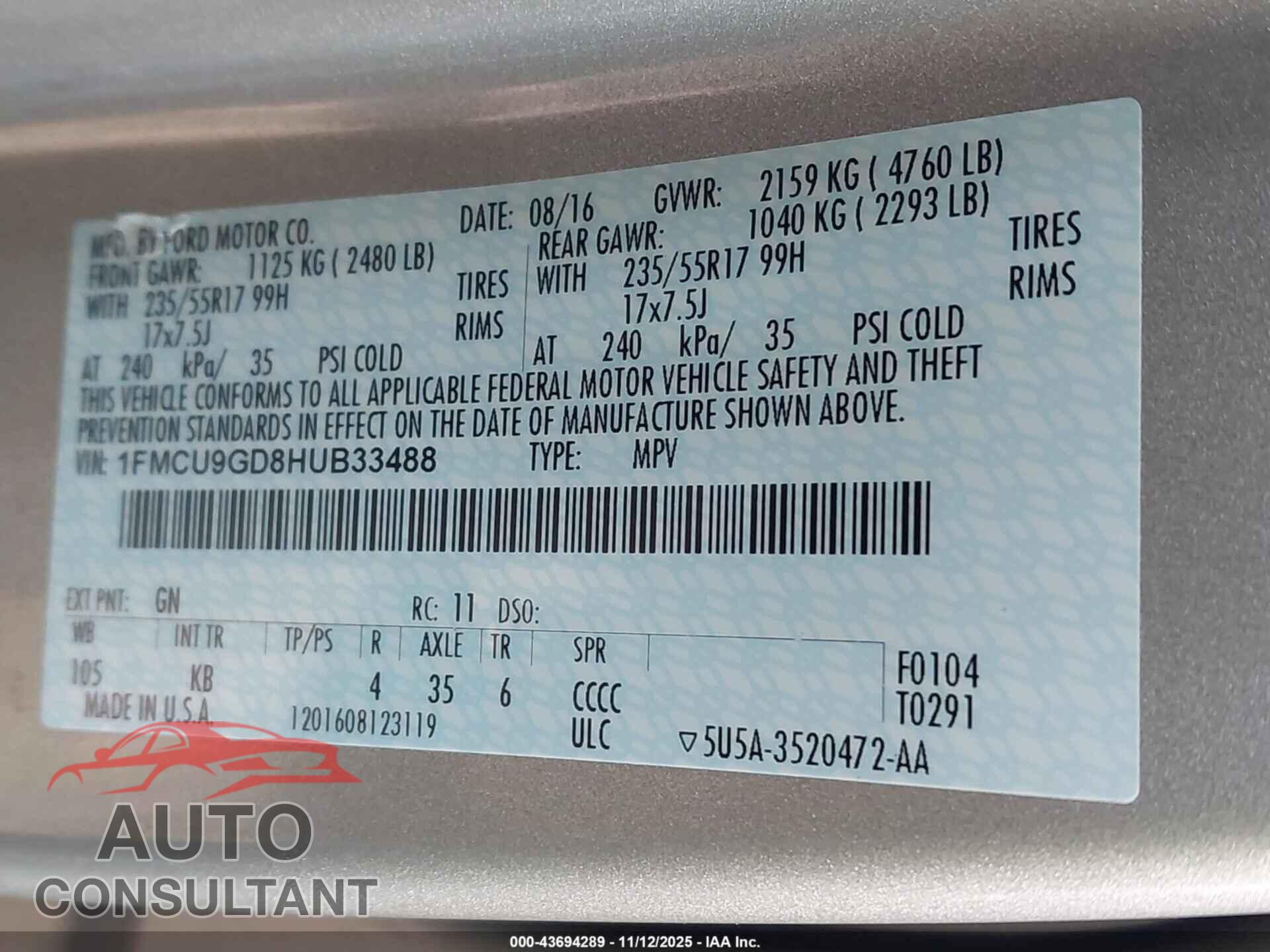 FORD ESCAPE 2017 - 1FMCU9GD8HUB33488