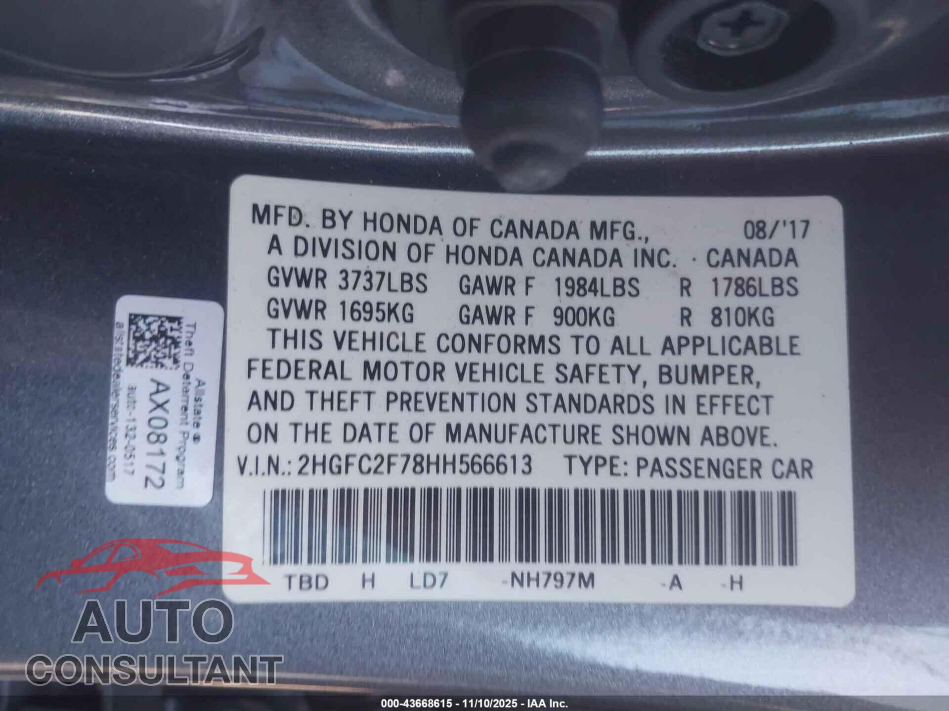 HONDA CIVIC 2017 - 2HGFC2F78HH566613