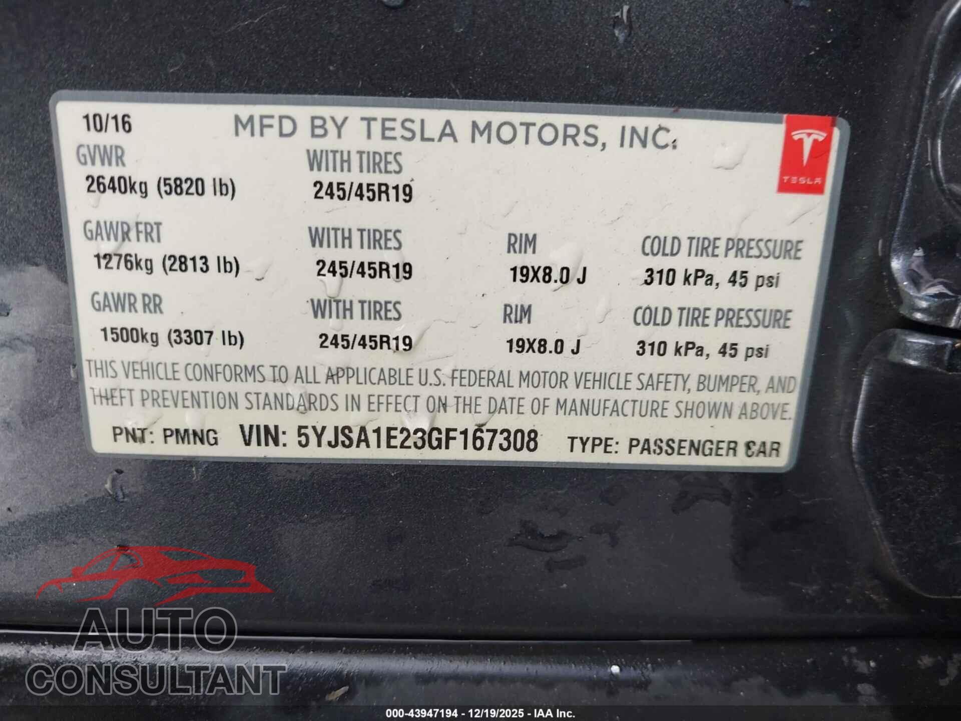 TESLA MODEL S 2016 - 5YJSA1E23GF167308