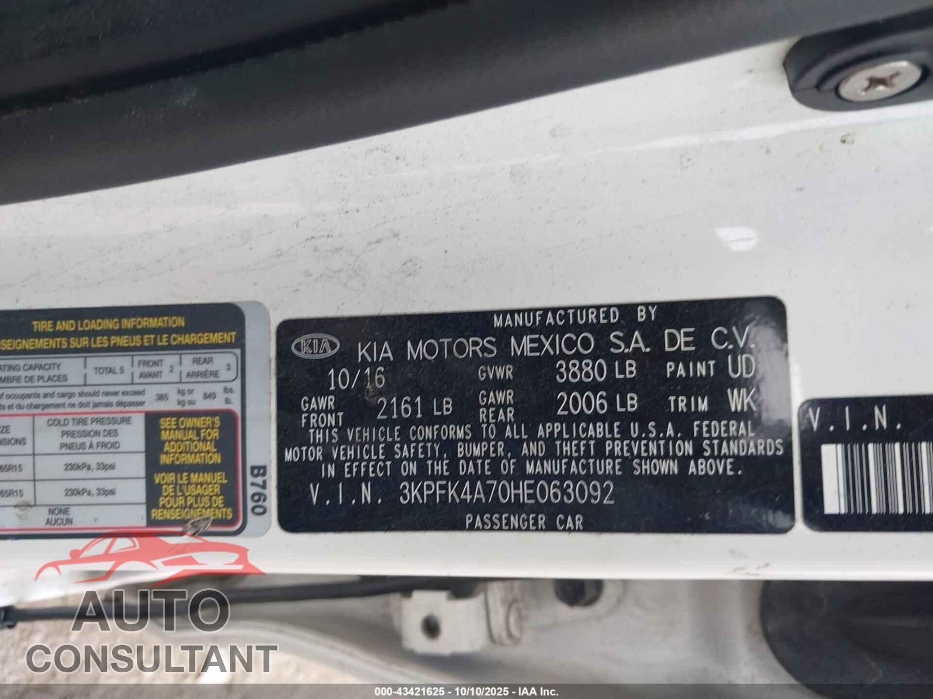 KIA FORTE 2017 - 3KPFK4A70HE063092