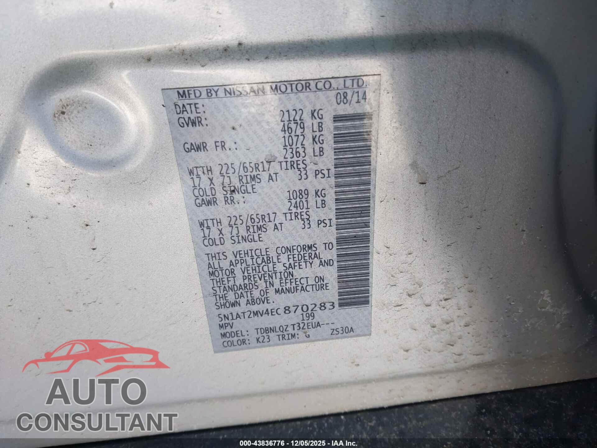NISSAN ROGUE 2014 - 5N1AT2MV4EC870283