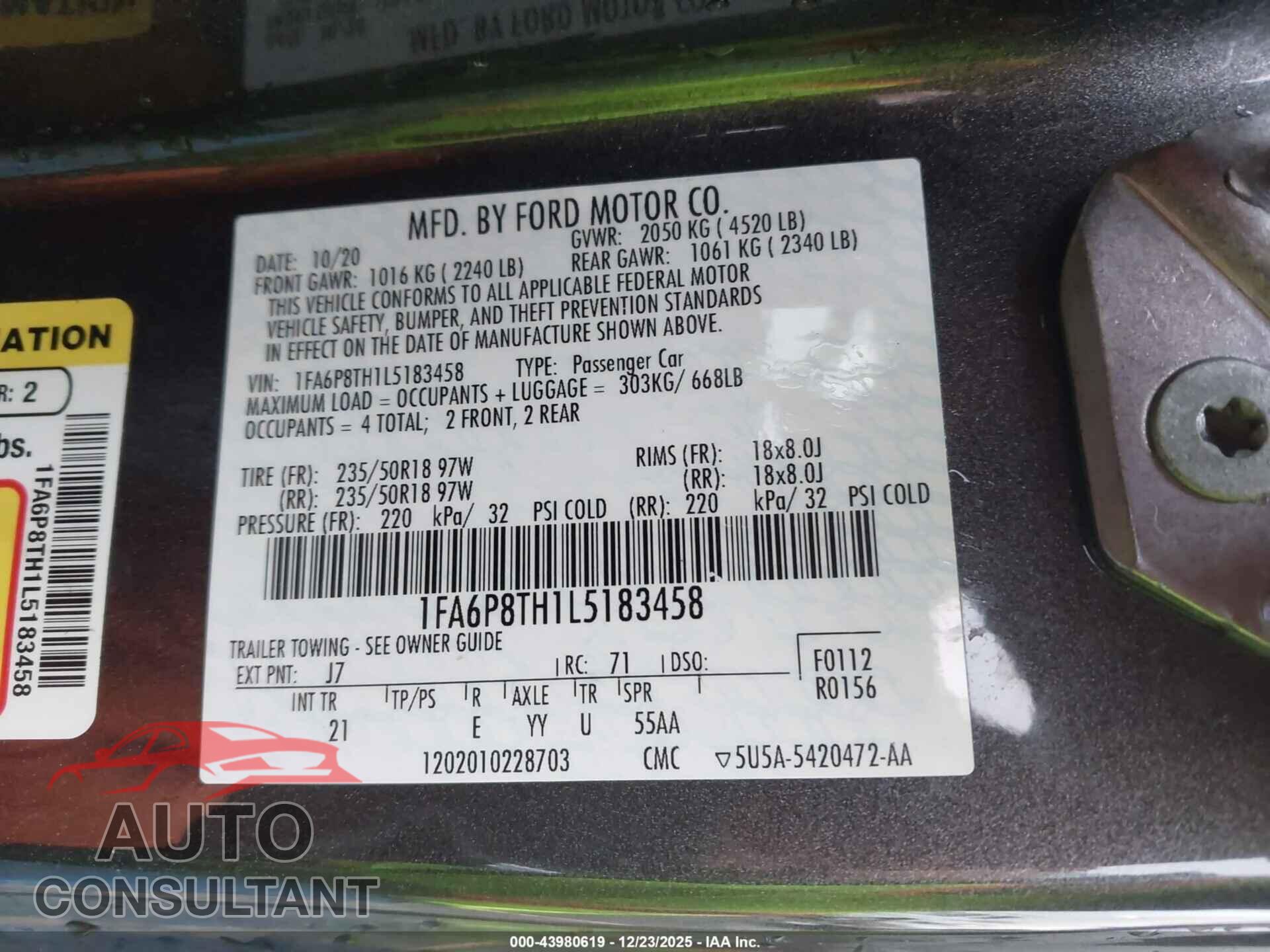 FORD MUSTANG 2020 - 1FA6P8TH1L5183458