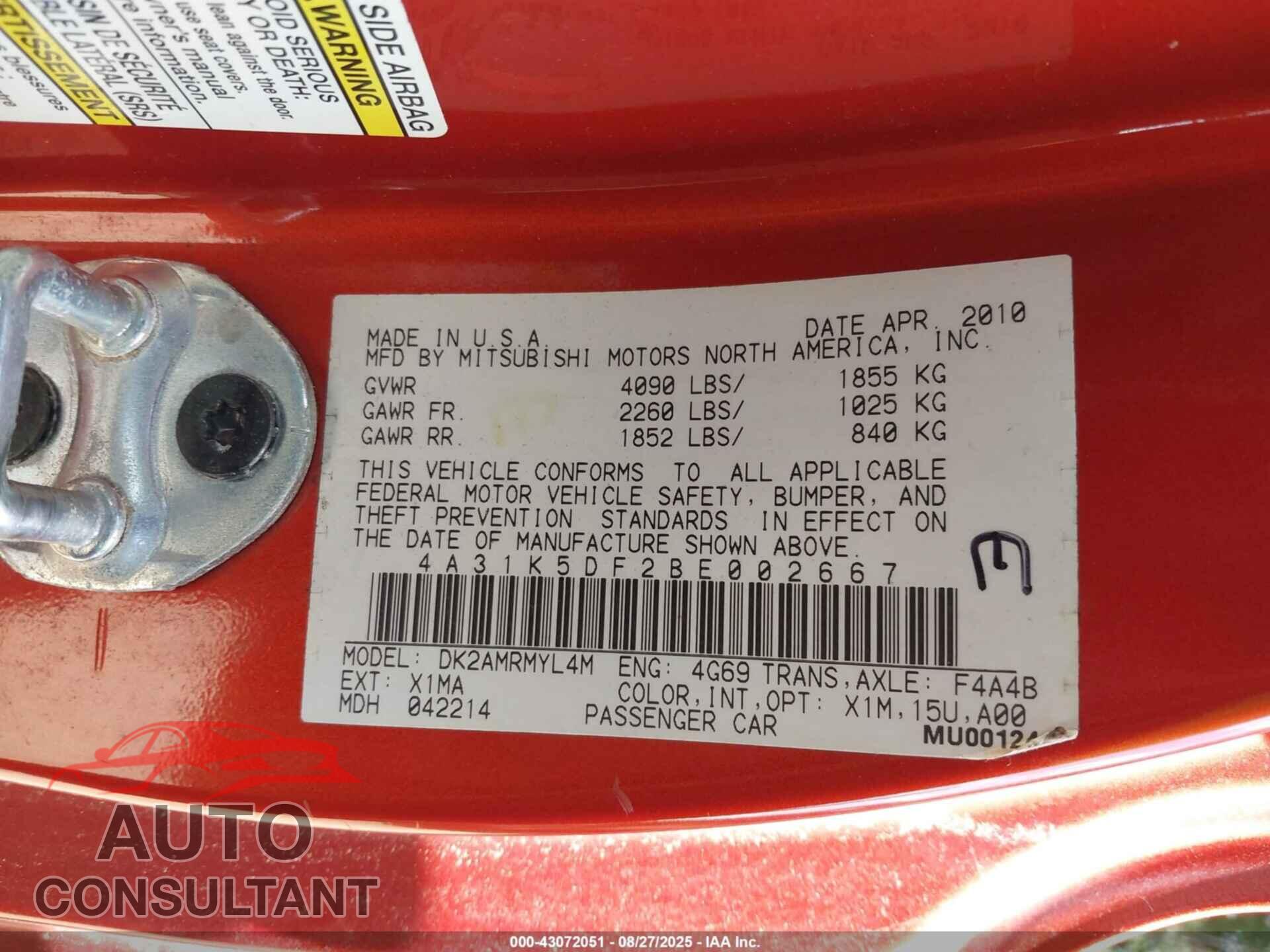 MITSUBISHI ECLIPSE 2011 - 4A31K5DF2BE002667