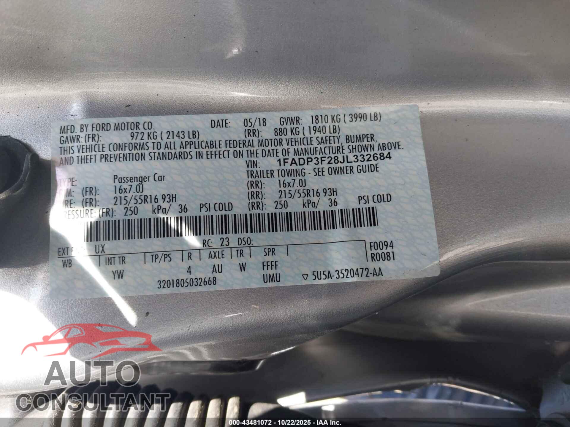 FORD FOCUS 2018 - 1FADP3F28JL332684