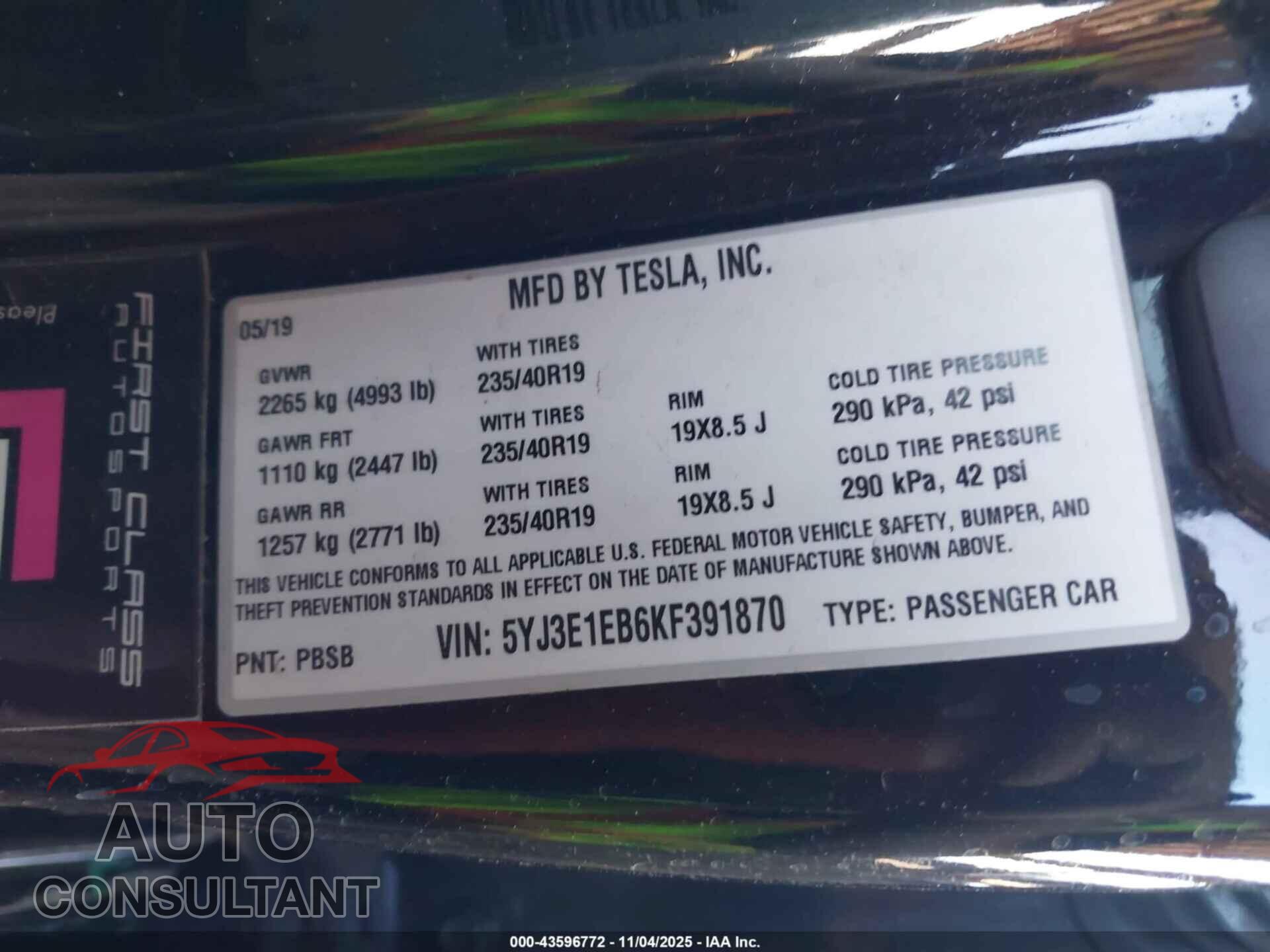 TESLA MODEL 3 2019 - 5YJ3E1EB6KF391870
