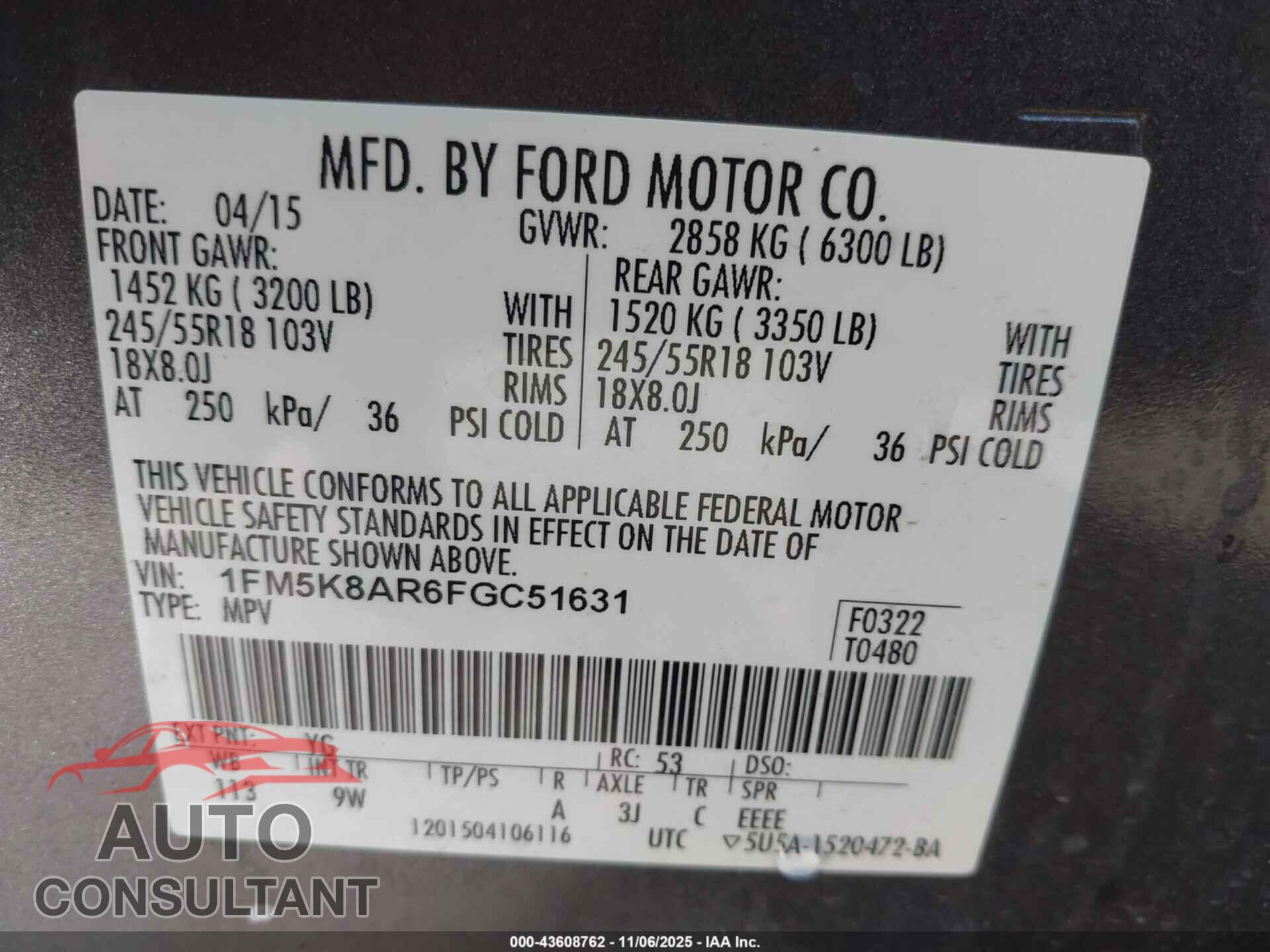 FORD UTILITY POLICE INTERCEPTOR 2015 - 1FM5K8AR6FGC51631