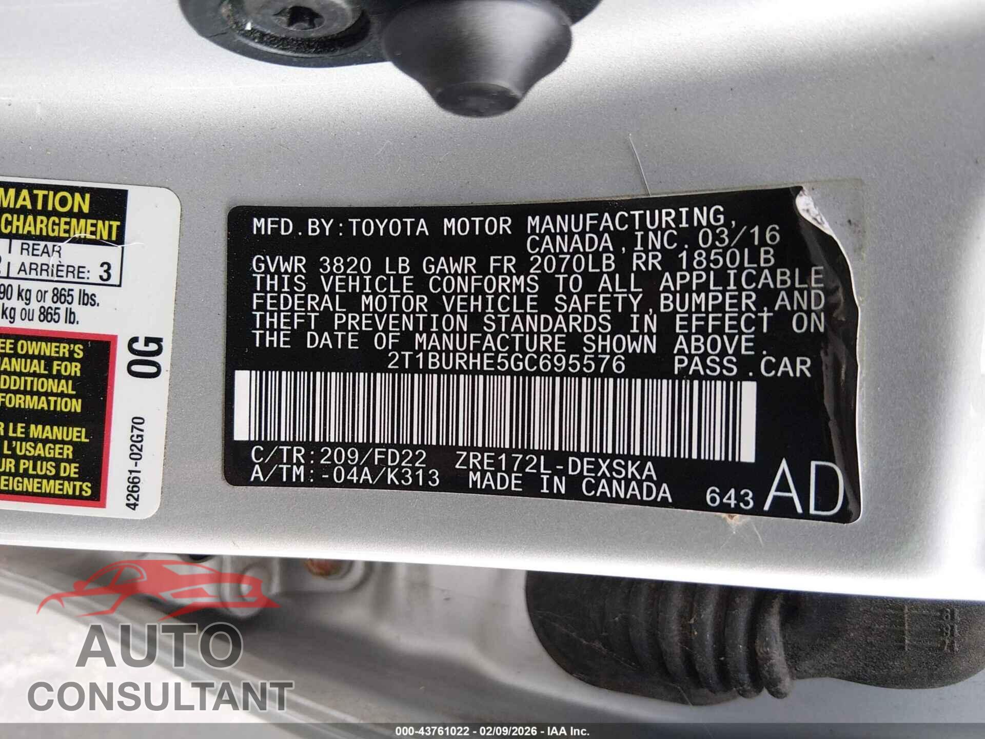 TOYOTA COROLLA 2016 - 2T1BURHE2GC511551