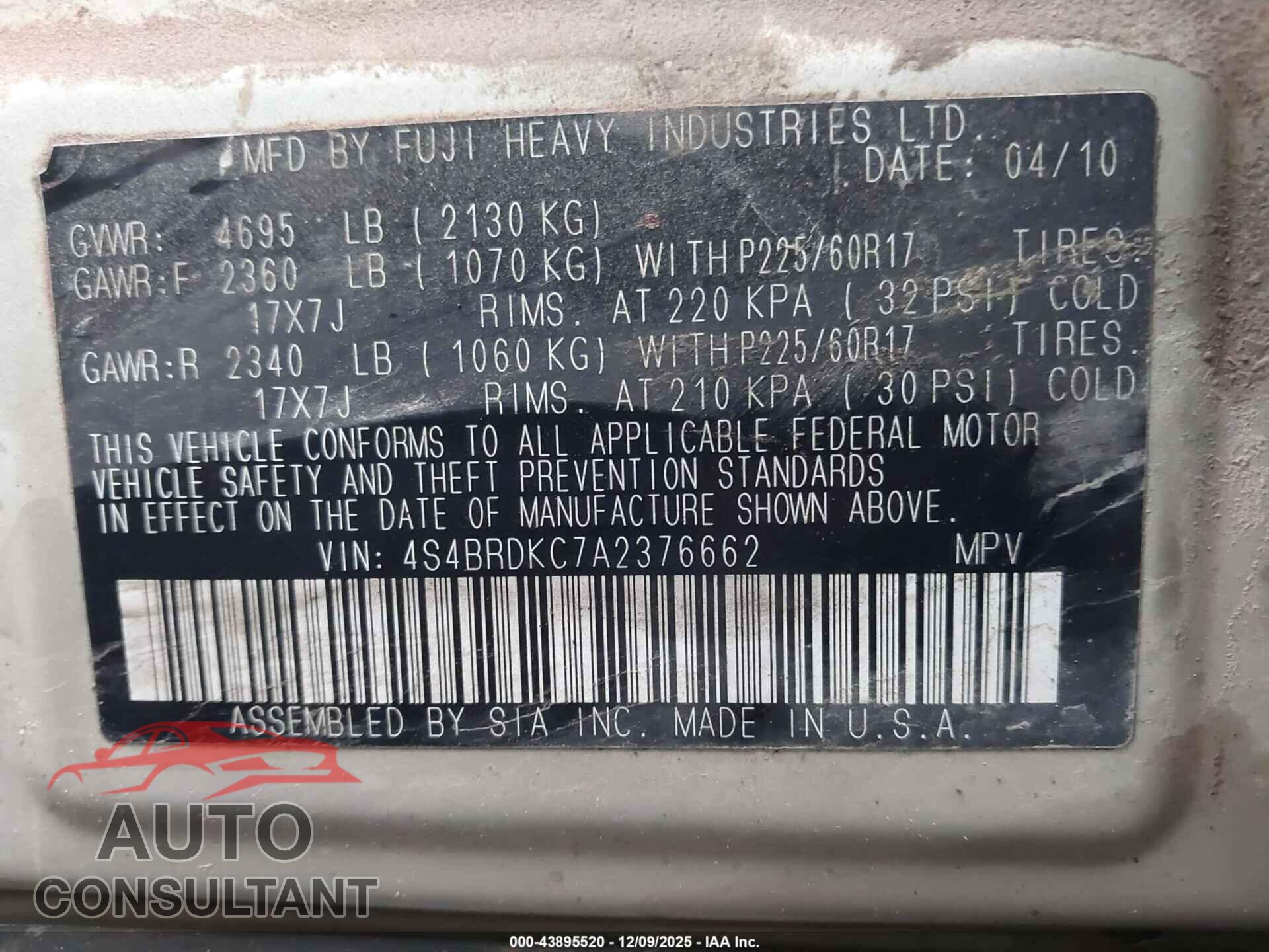 SUBARU OUTBACK 2010 - 4S4BRDKC7A2376662