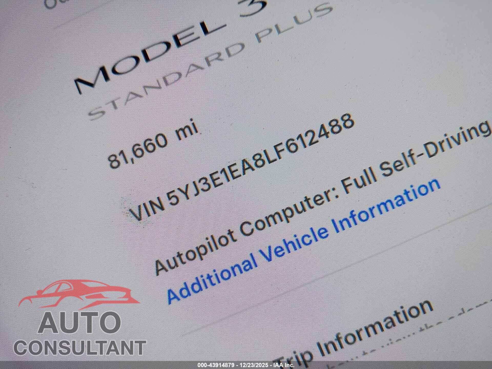 TESLA MODEL 3 2020 - 5YJ3E1EA8LF612488