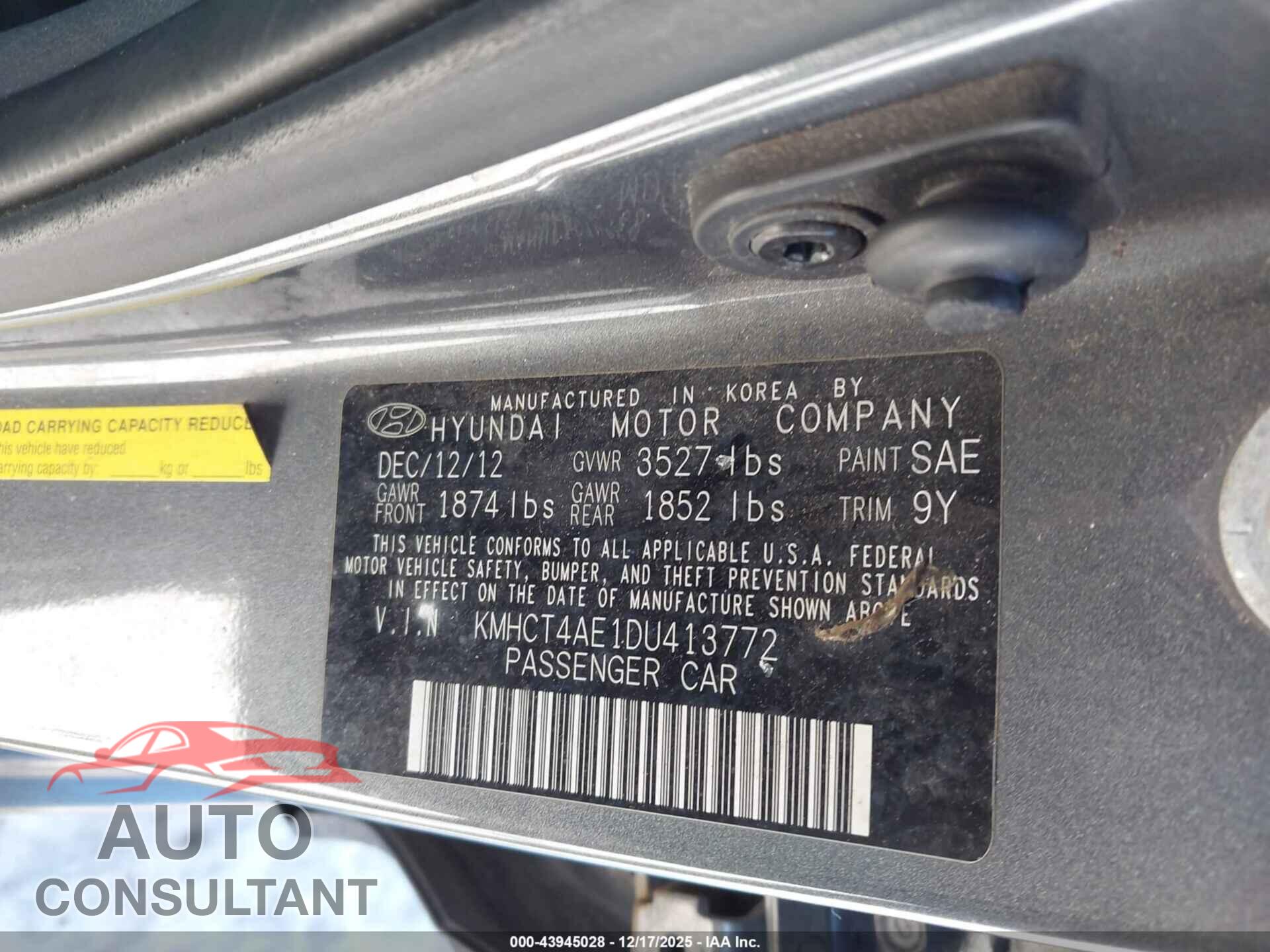 HYUNDAI ACCENT 2013 - KMHCT4AE1DU413772