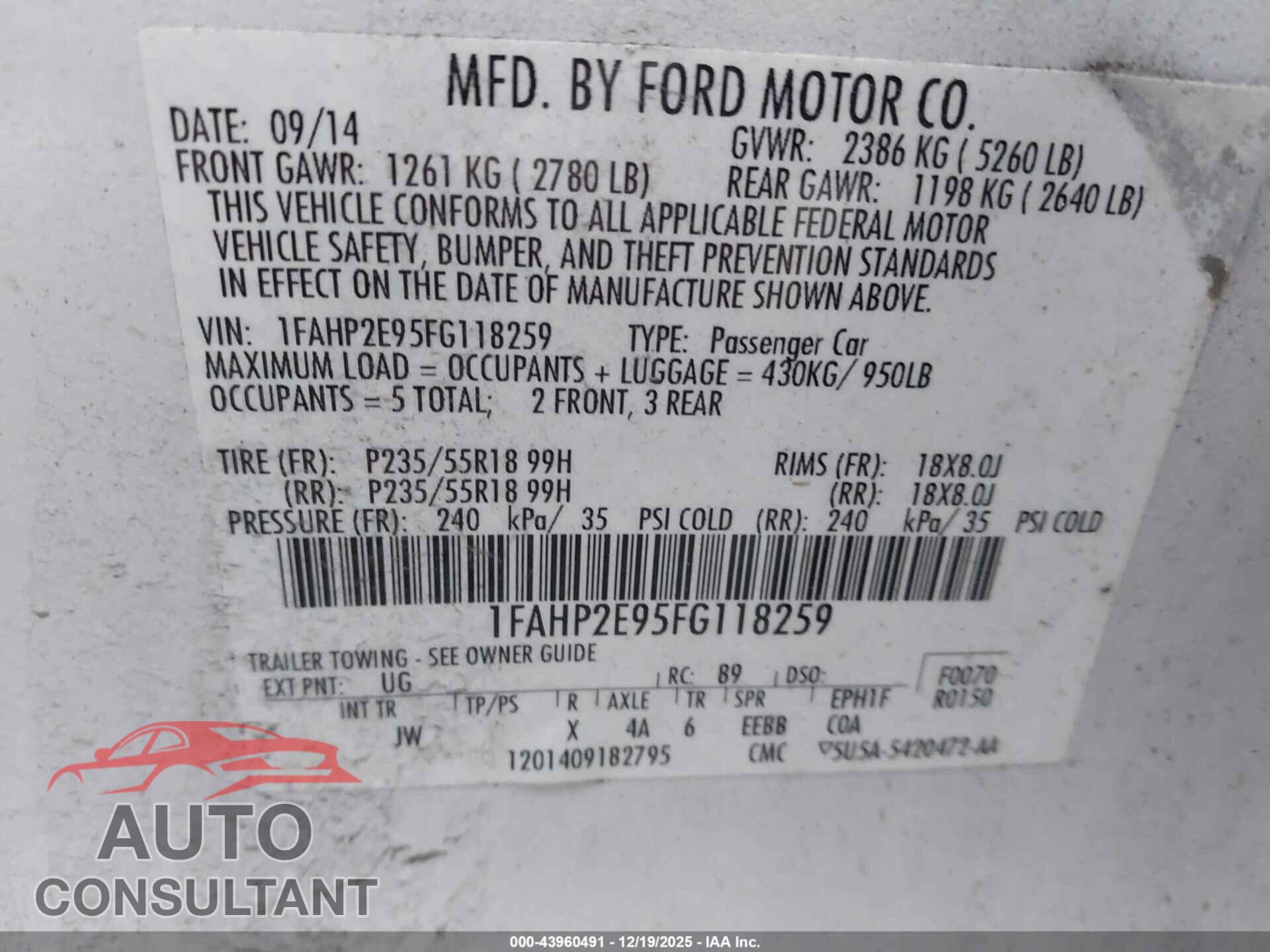 FORD TAURUS 2015 - 1FAHP2E95FG118259