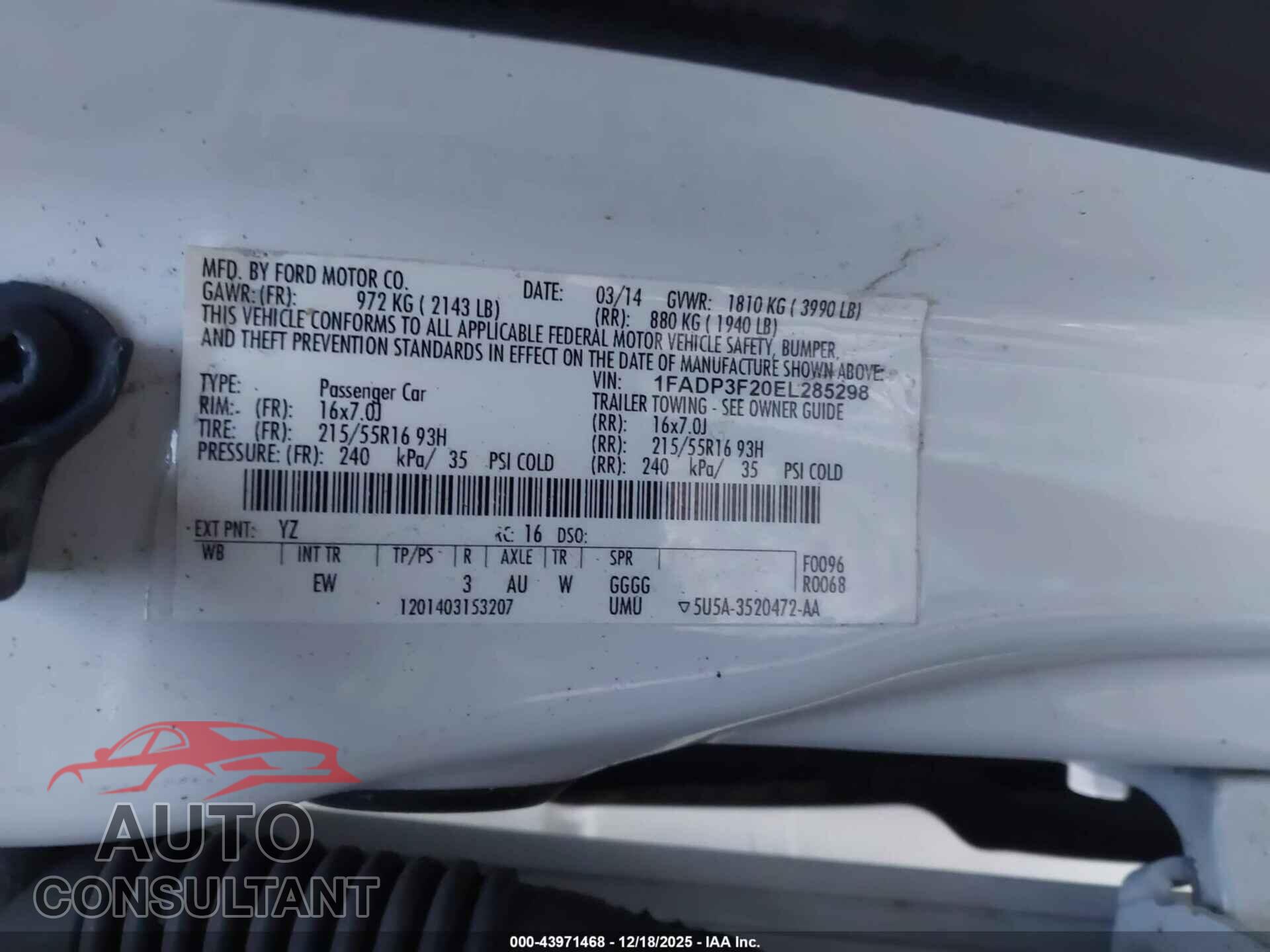 FORD FOCUS 2014 - 1FADP3F20EL285298