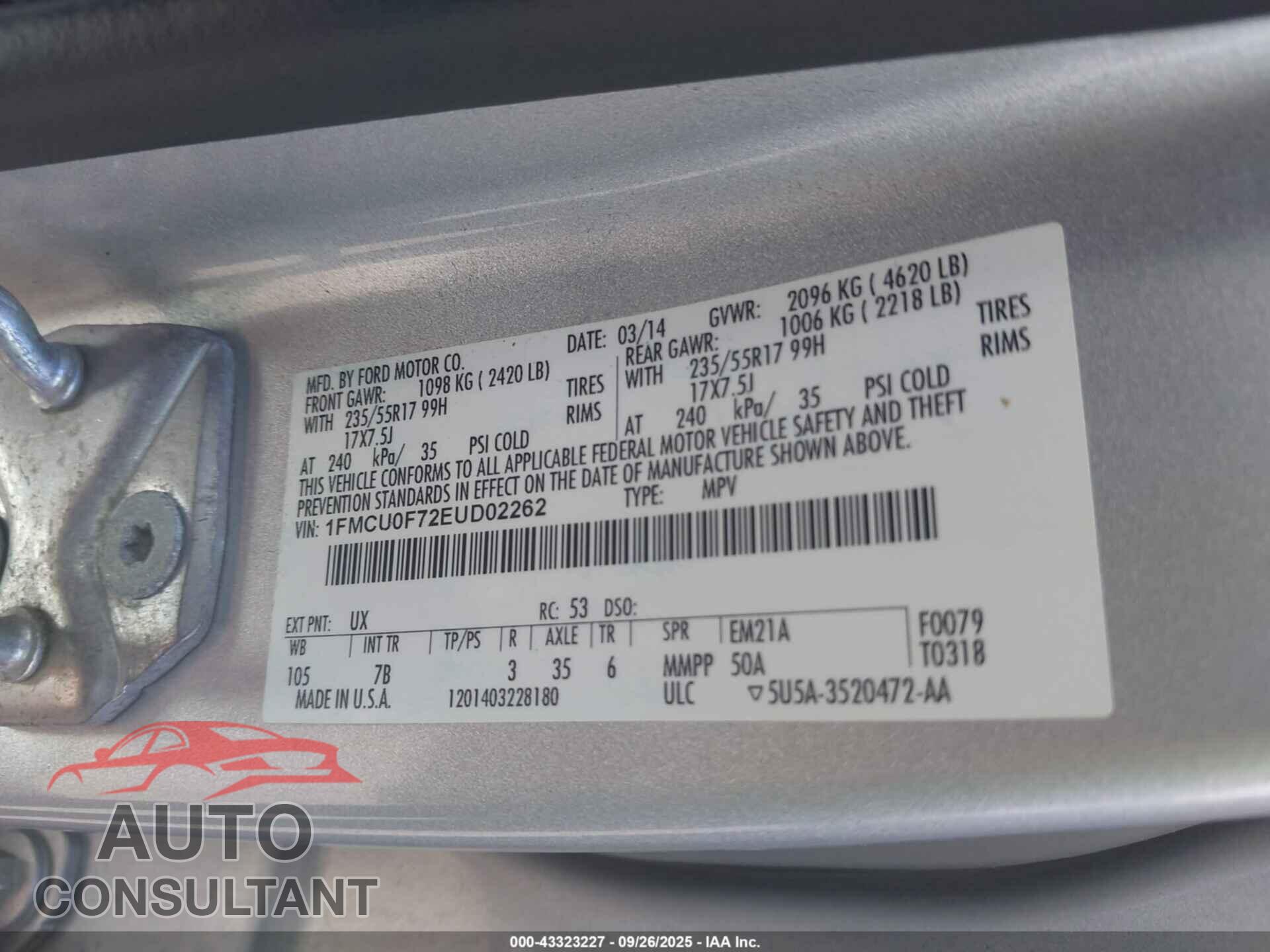 FORD ESCAPE 2014 - 1FMCU0F72EUD02262