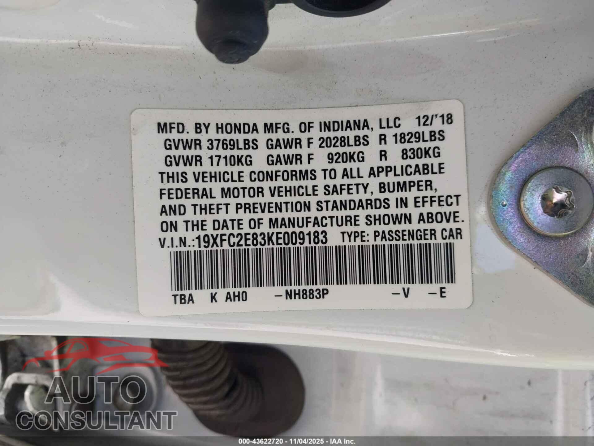 HONDA CIVIC 2019 - 19XFC2E83KE009183
