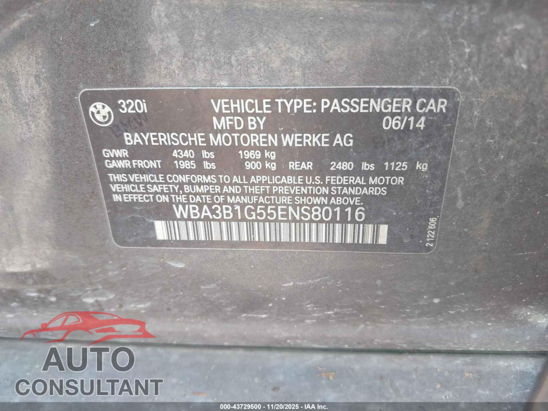 BMW 320I 2014 - WBA3B1G55ENS80116