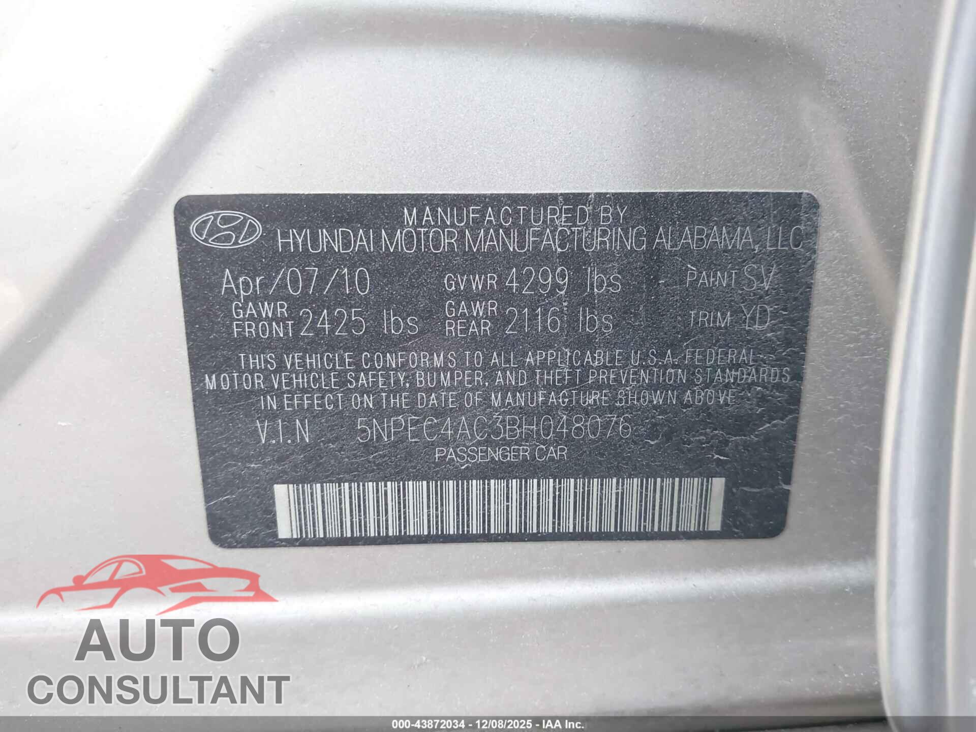 HYUNDAI SONATA 2011 - 5NPEC4AC3BH048076