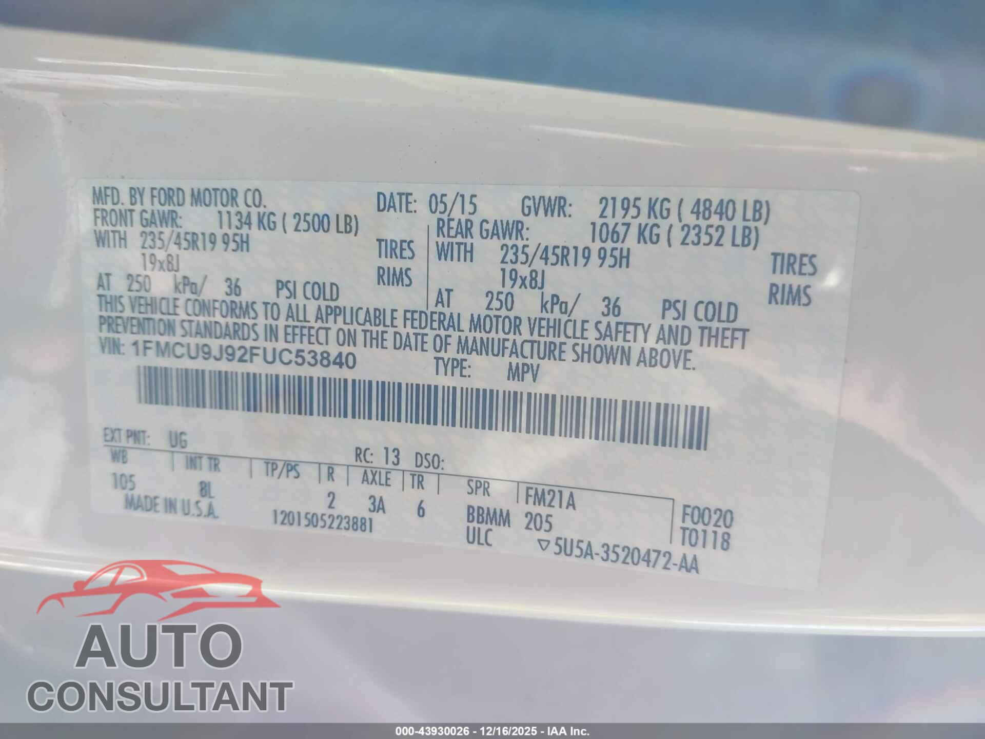 FORD ESCAPE 2015 - 1FMCU9J92FUC53840