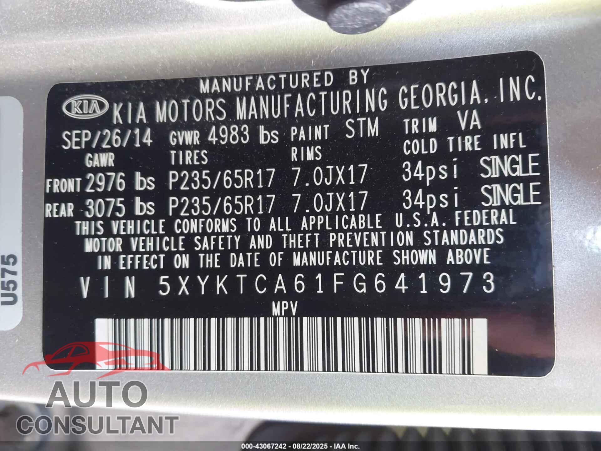 KIA SORENTO 2015 - 5XYKTCA61FG641973