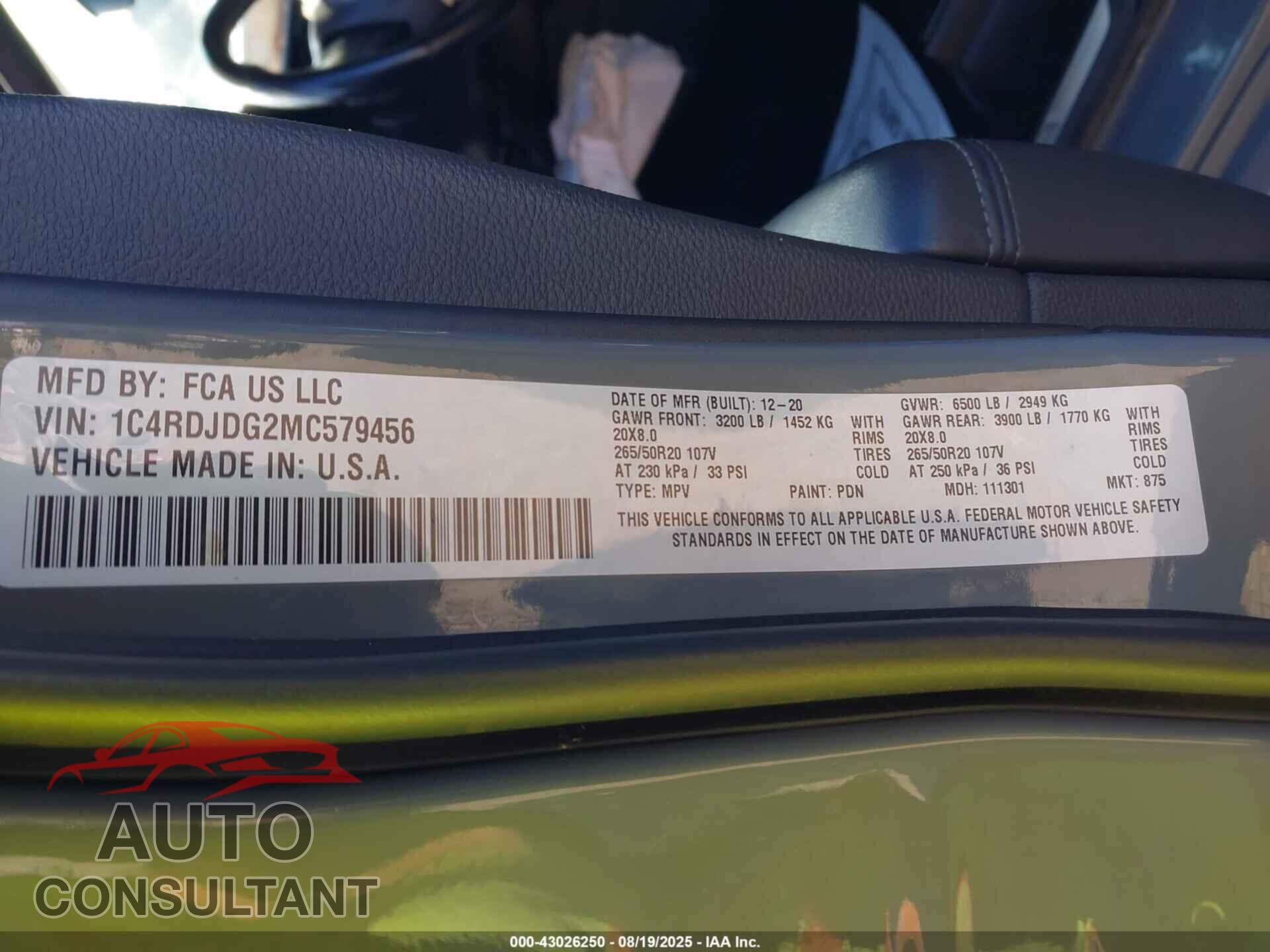DODGE DURANGO 2021 - 1C4RDJDG2MC579456