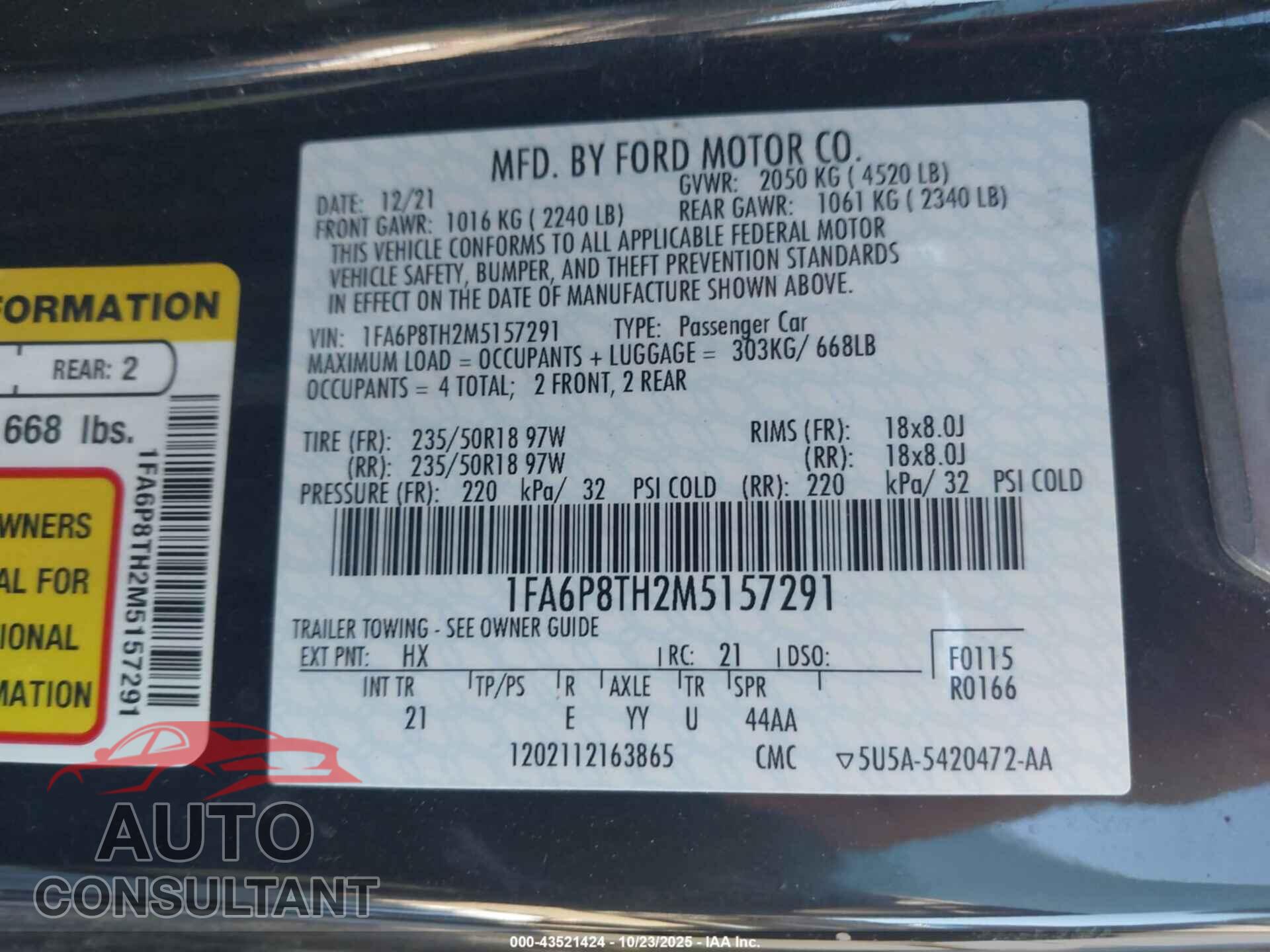 FORD MUSTANG 2021 - 1FA6P8TH2M5157291