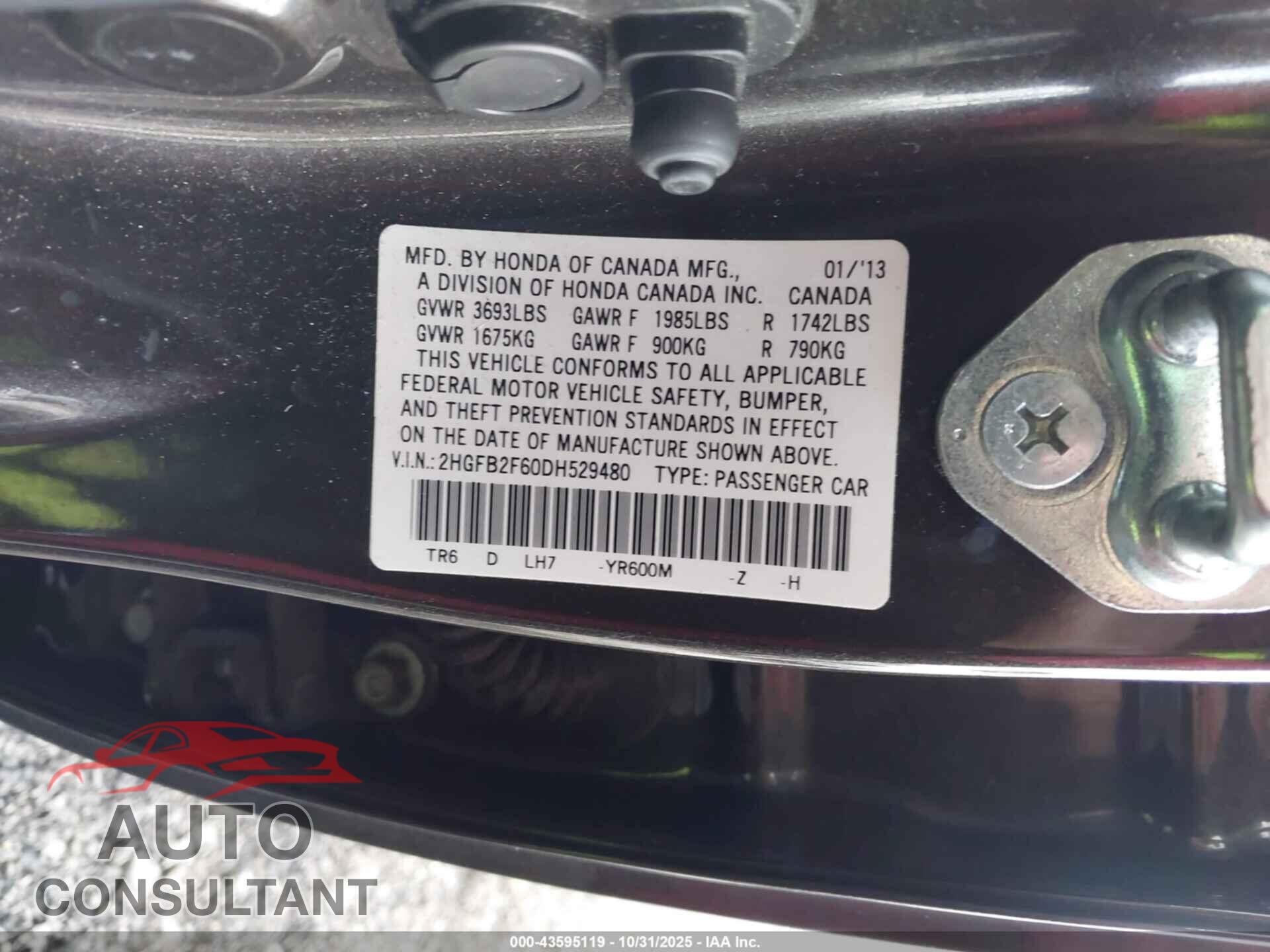 HONDA CIVIC 2013 - 2HGFB2F60DH529480