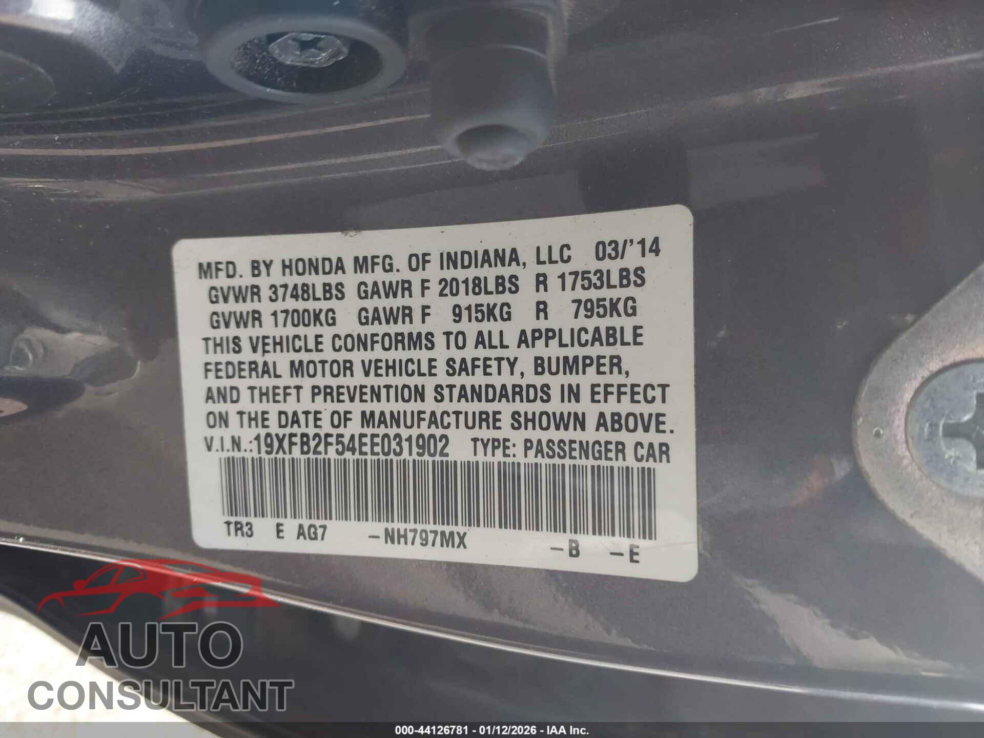 HONDA CIVIC 2014 - 19XFB2F54EE031902