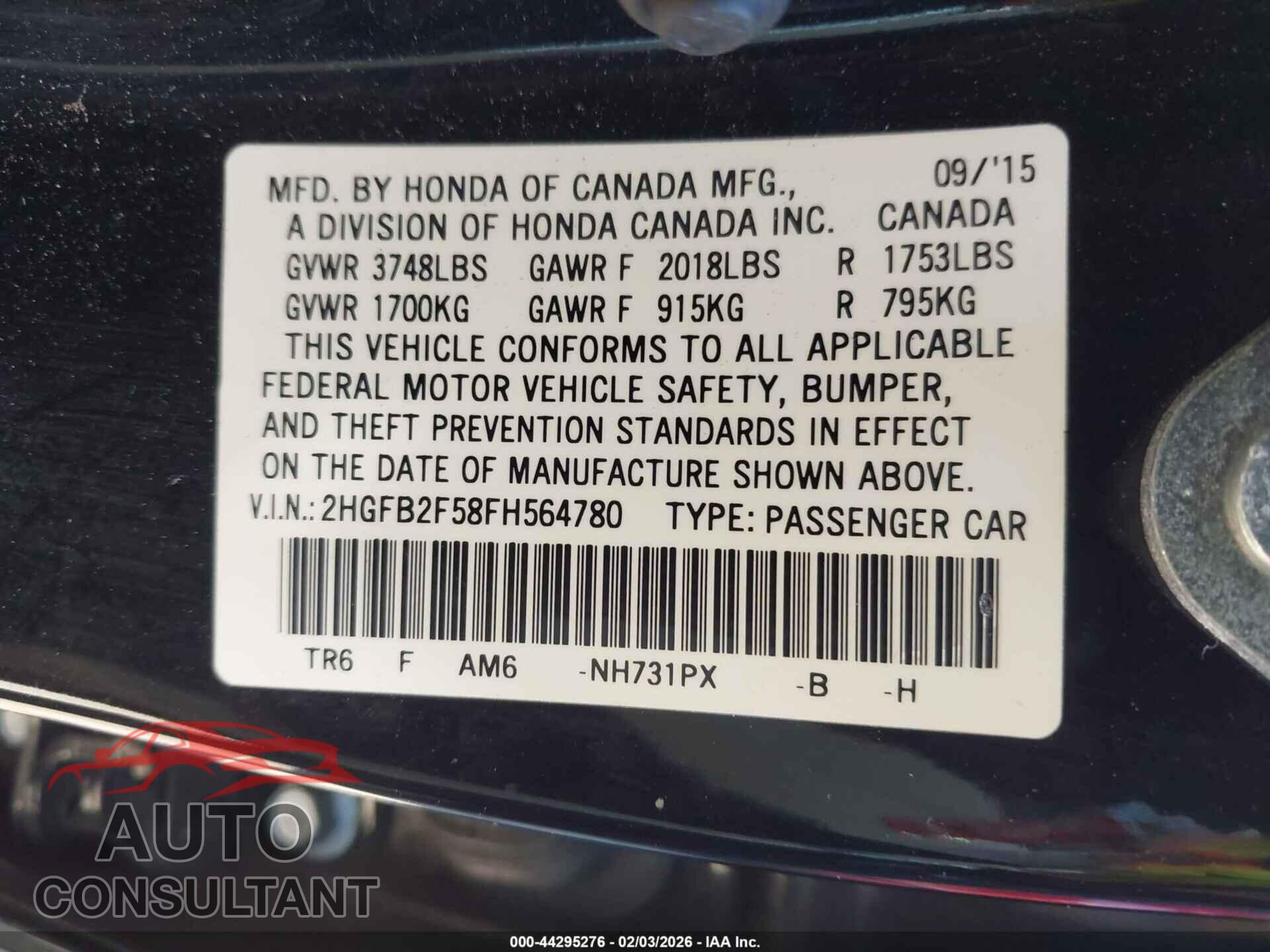 HONDA CIVIC 2015 - 2HGFB2F58FH564780