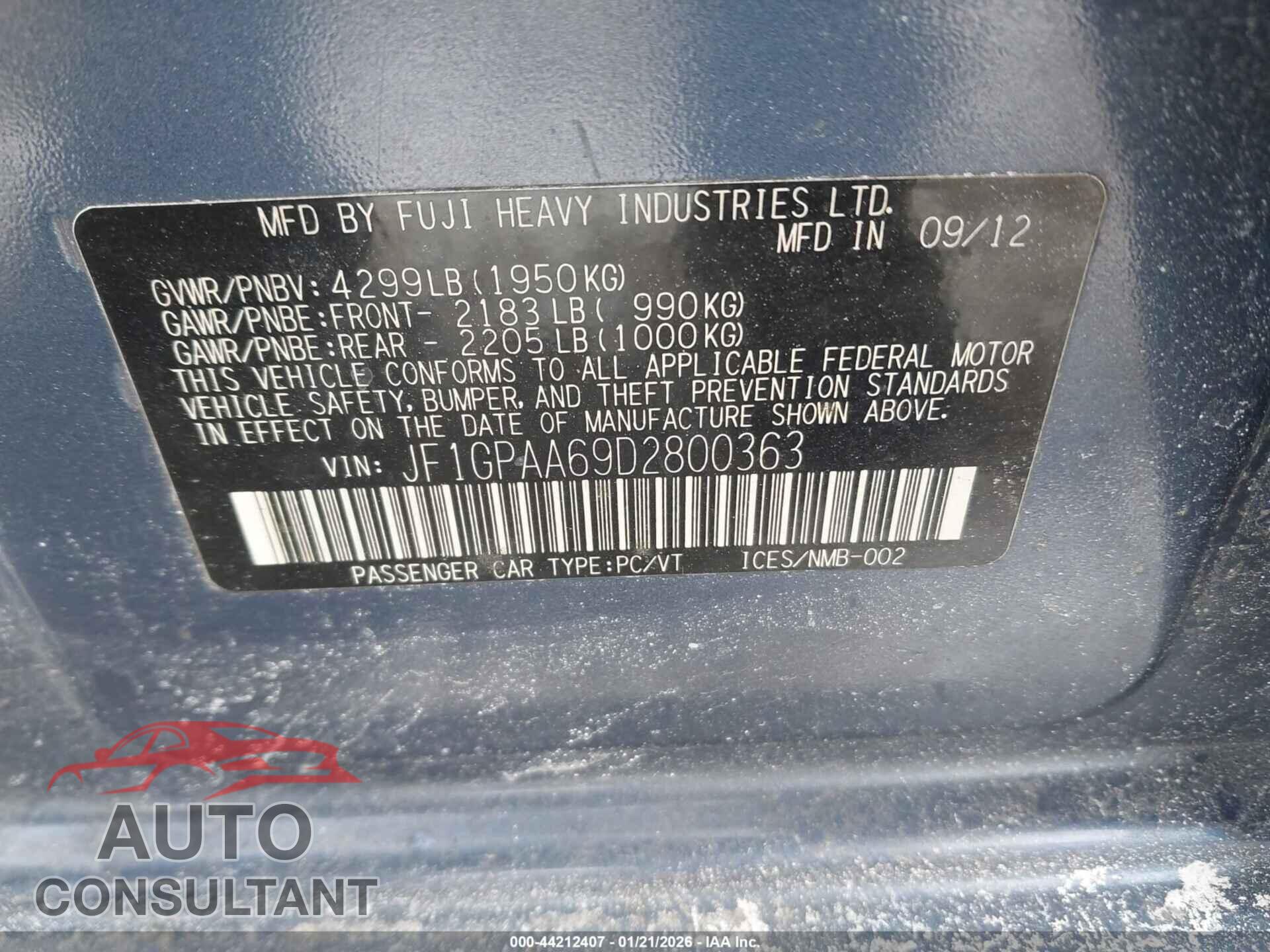 SUBARU IMPREZA 2013 - JF1GPAA69D2800363