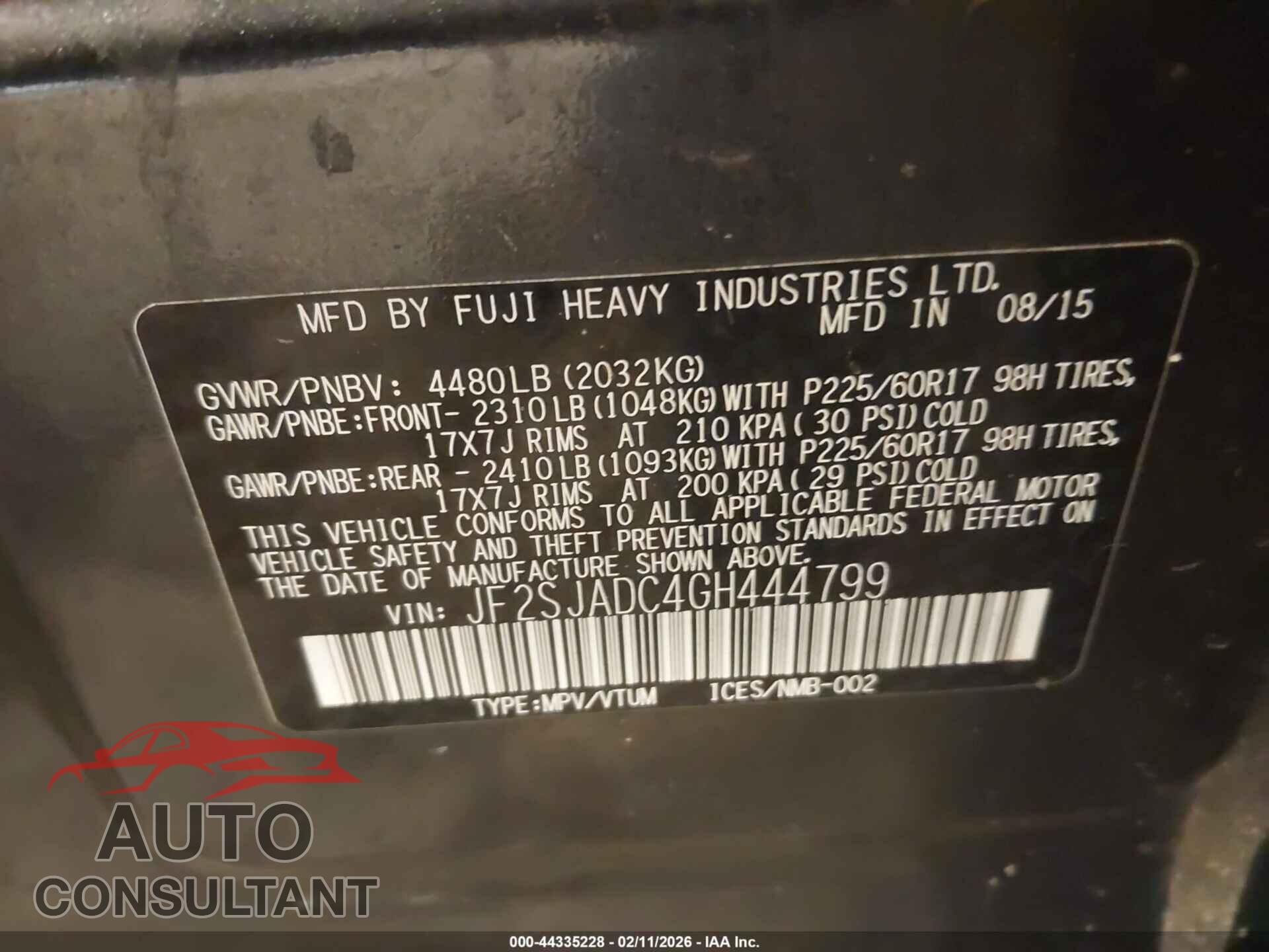 SUBARU FORESTER 2016 - JF2SJADC4GH444799