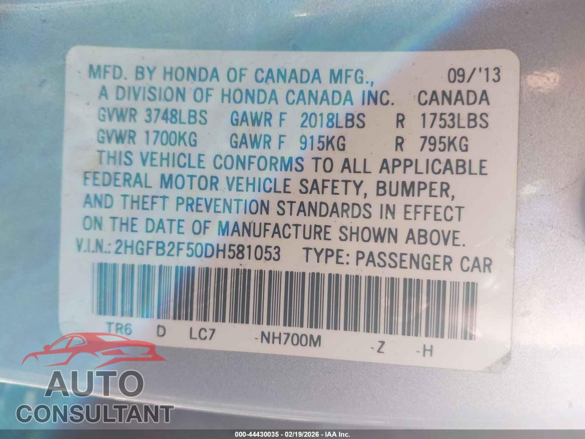 HONDA CIVIC 2013 - 2HGFB2F50DH581053
