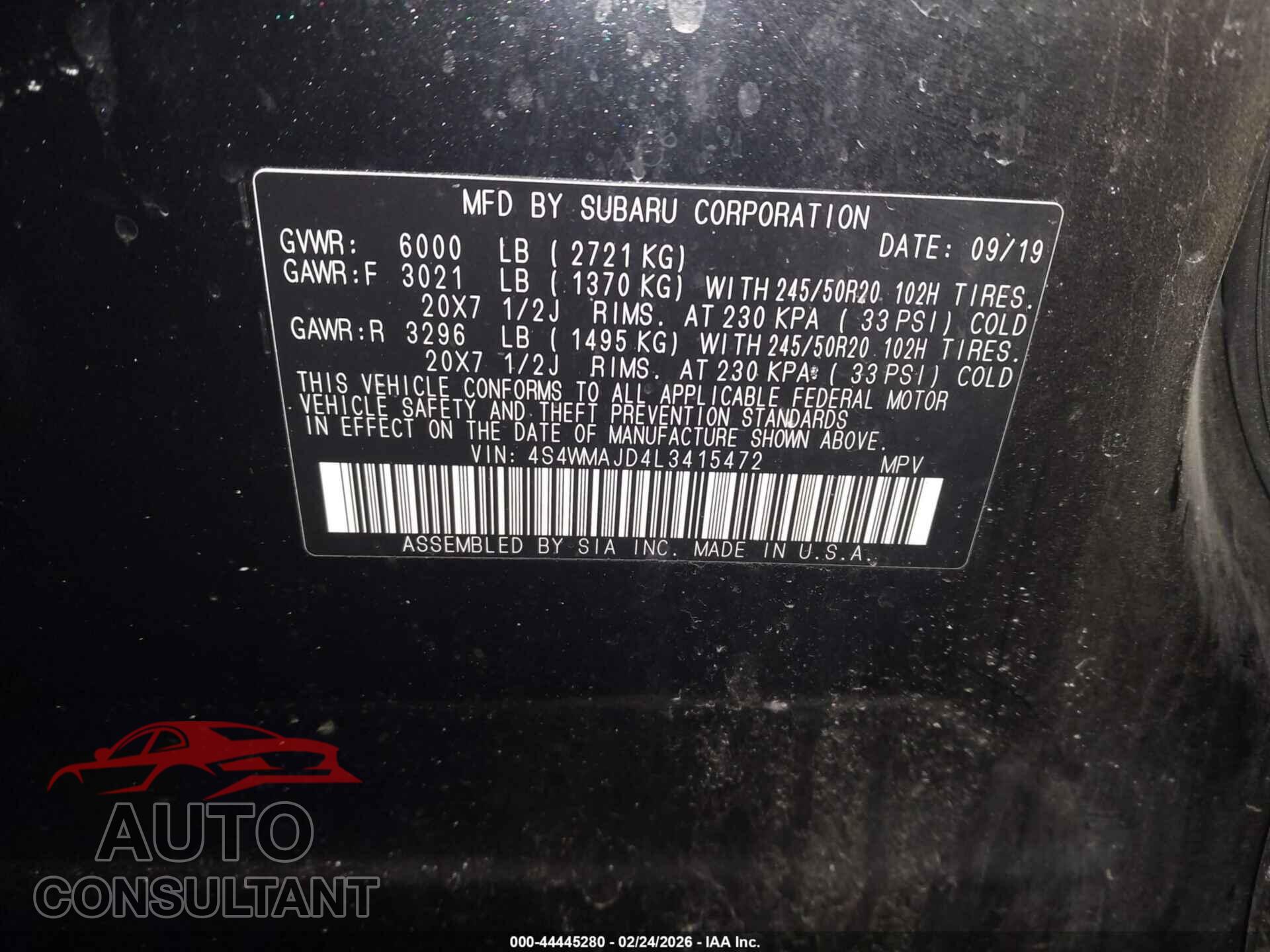 SUBARU ASCENT 2020 - 4S4WMAJD4L3415472