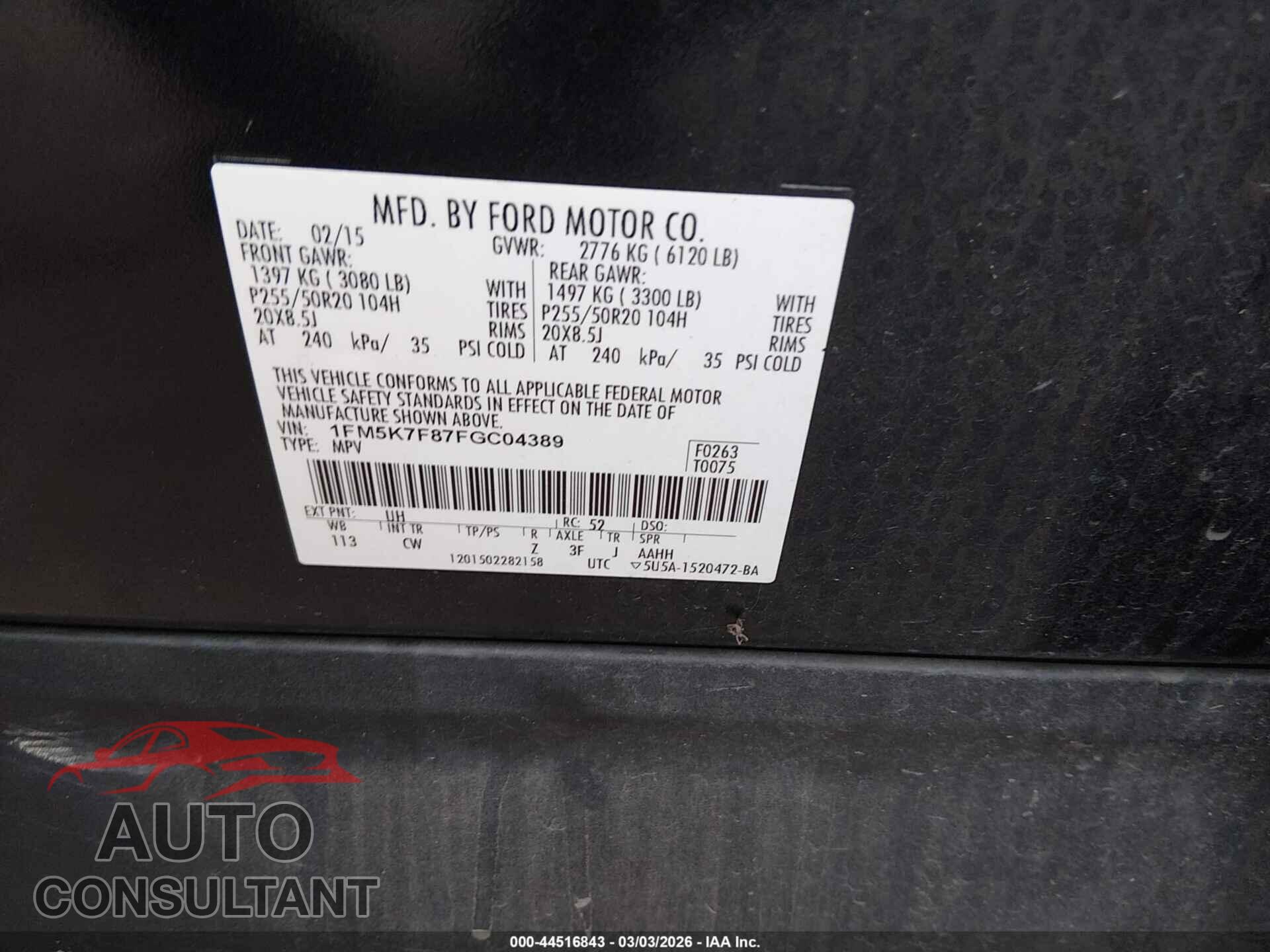 FORD EXPLORER 2015 - 1FM5K7F87FGC04389