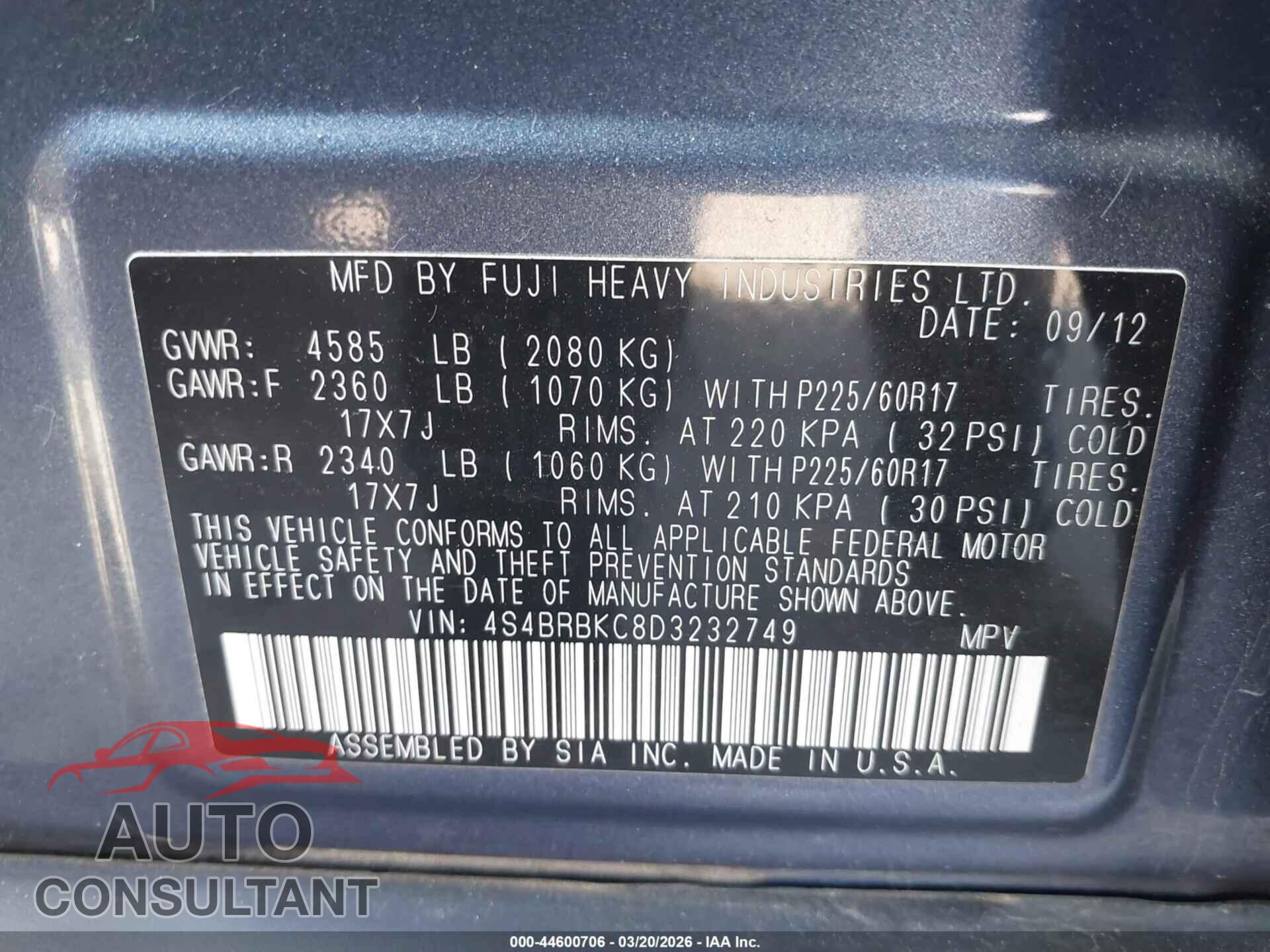 SUBARU OUTBACK 2013 - 4S4BRBKC8D3232749