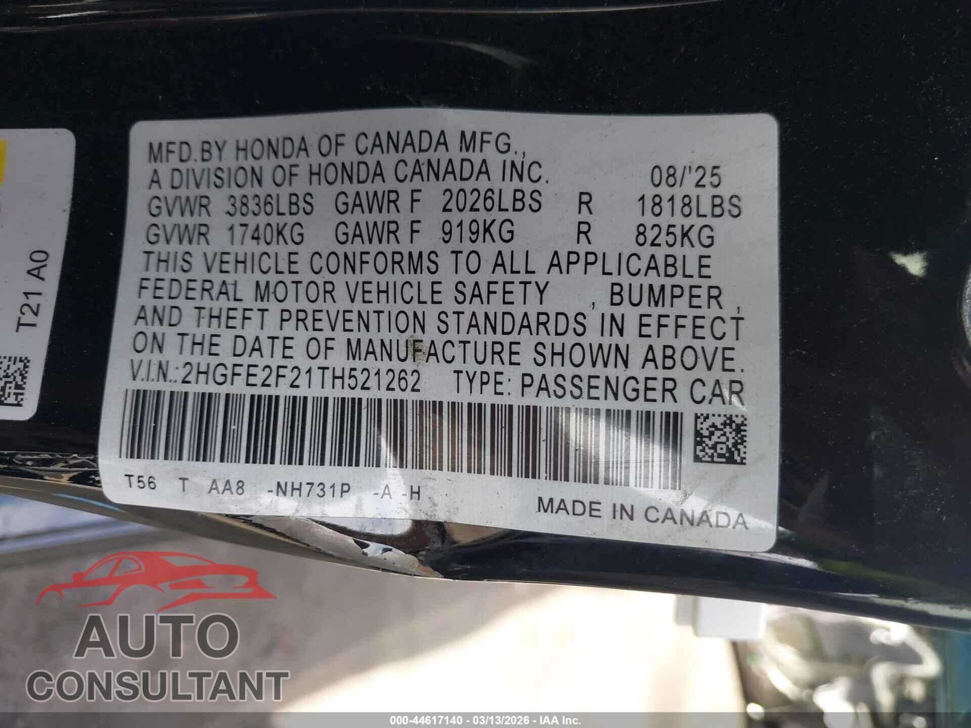 HONDA CIVIC 2026 - 2HGFE2F21TH521262