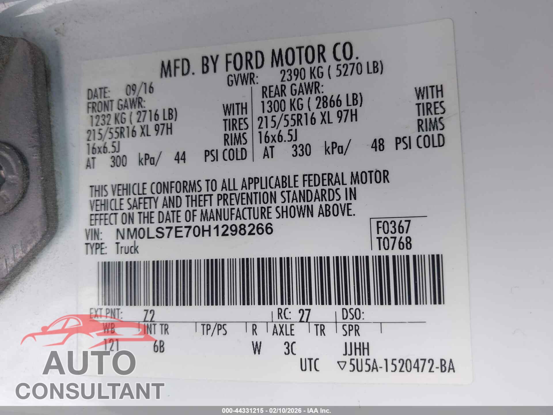 FORD TRANSIT CONNECT 2017 - NM0LS7E70H1298266